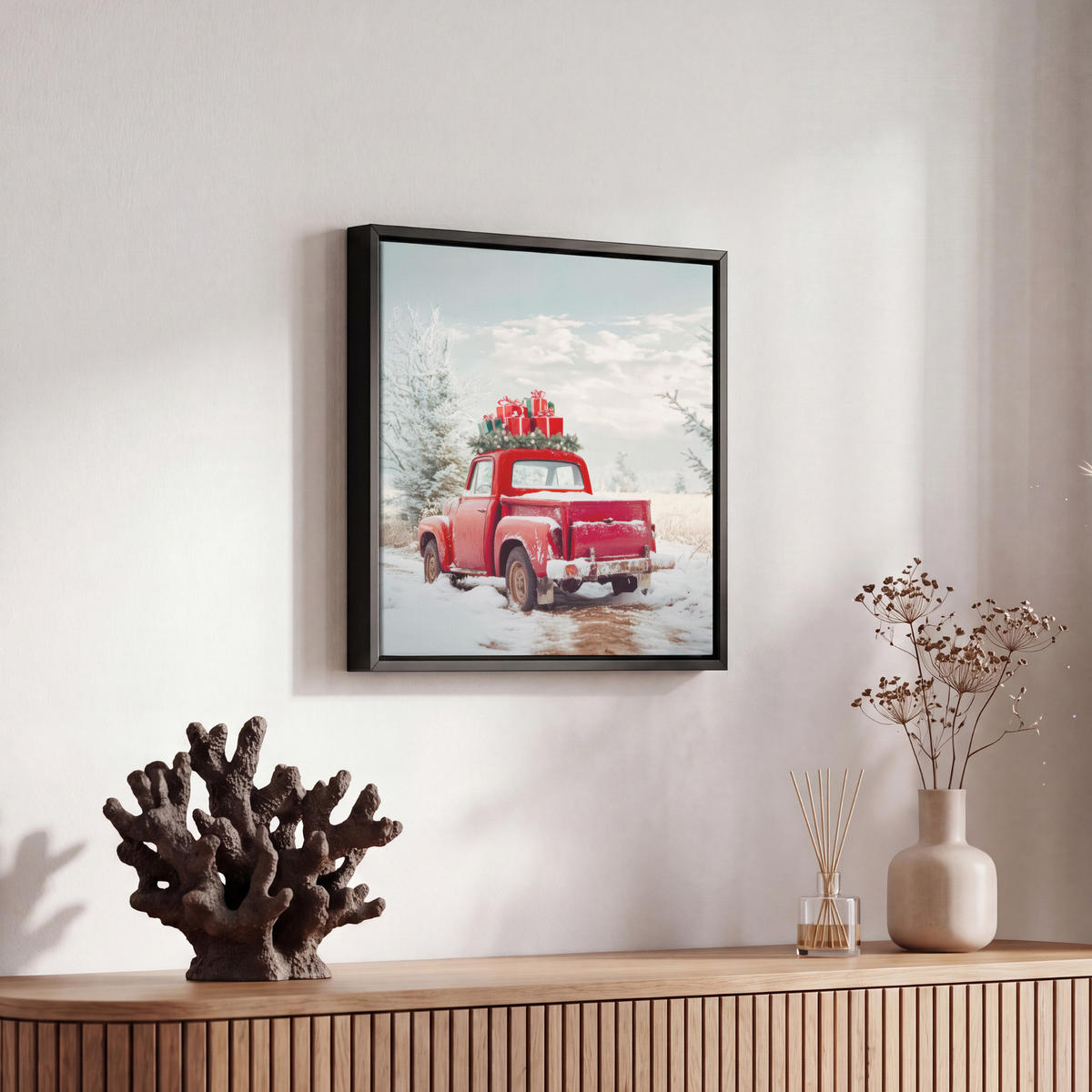 LEINWAND Bilder mit Rahmen - Auto - Rot - Geschenke - Winter - Schnee - Weihnachten - 20x20 - Rot, Textil (20/20cm) - MuchoWow