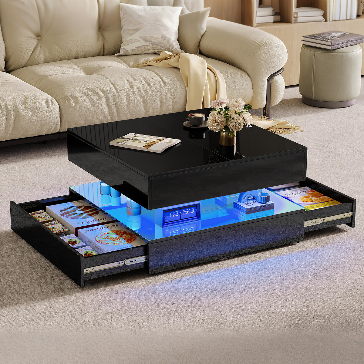 COUCHTISCH 78x78 cm mit RGB-LED & 2 Schubladen, Schwarz Hochglanz - Schwarz, Metall (78/78/43cm) - EuroLiving