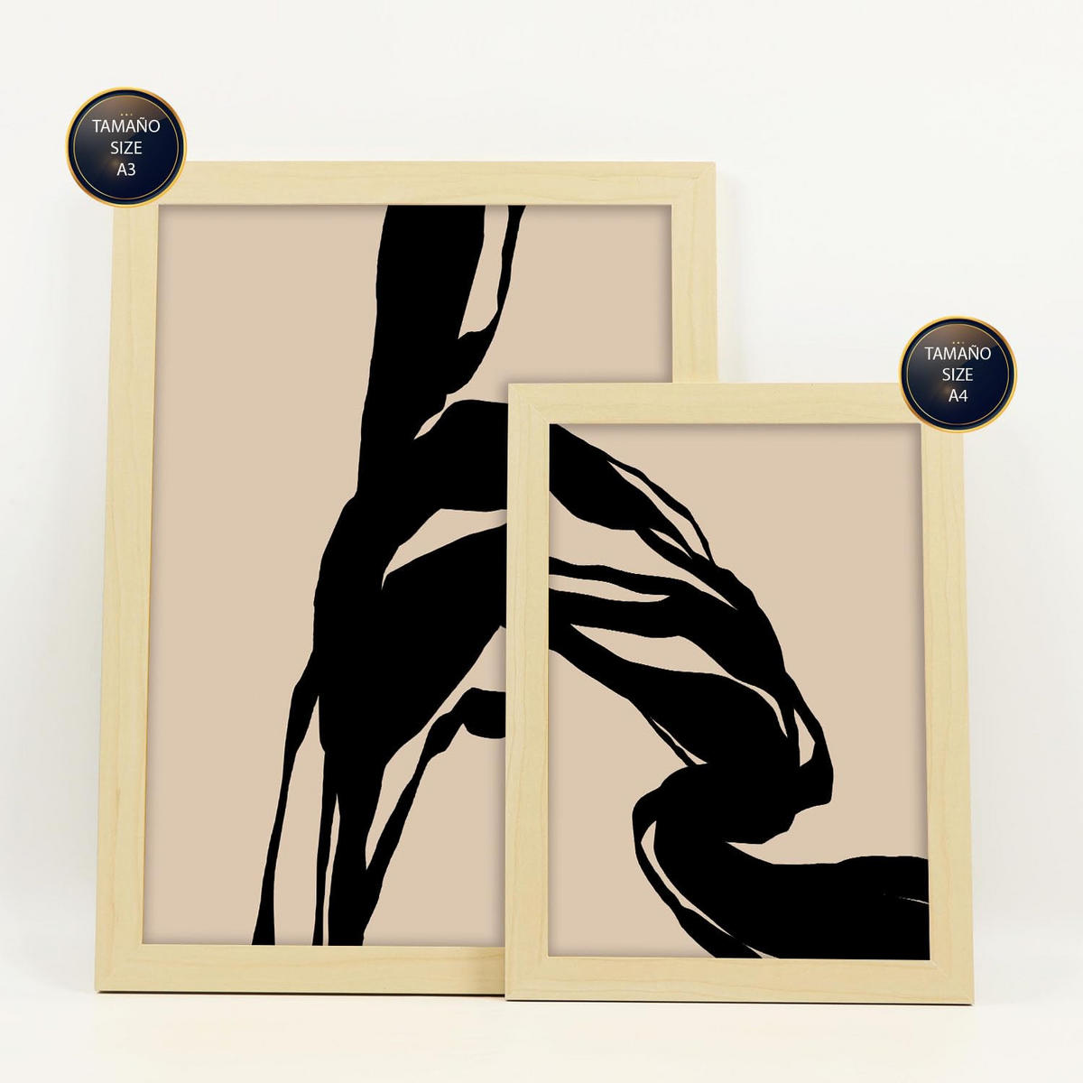 POSTER Set Mit 6 Kraftvoll In Abstrakter Form Ästhetische Dekorative Gemälde Für Ihr Wohnzimmer Oder Zuhause A3 & A4 Rahmen Aus Hellem Holz - Beige, Papier (29/3cm) - Nacnic