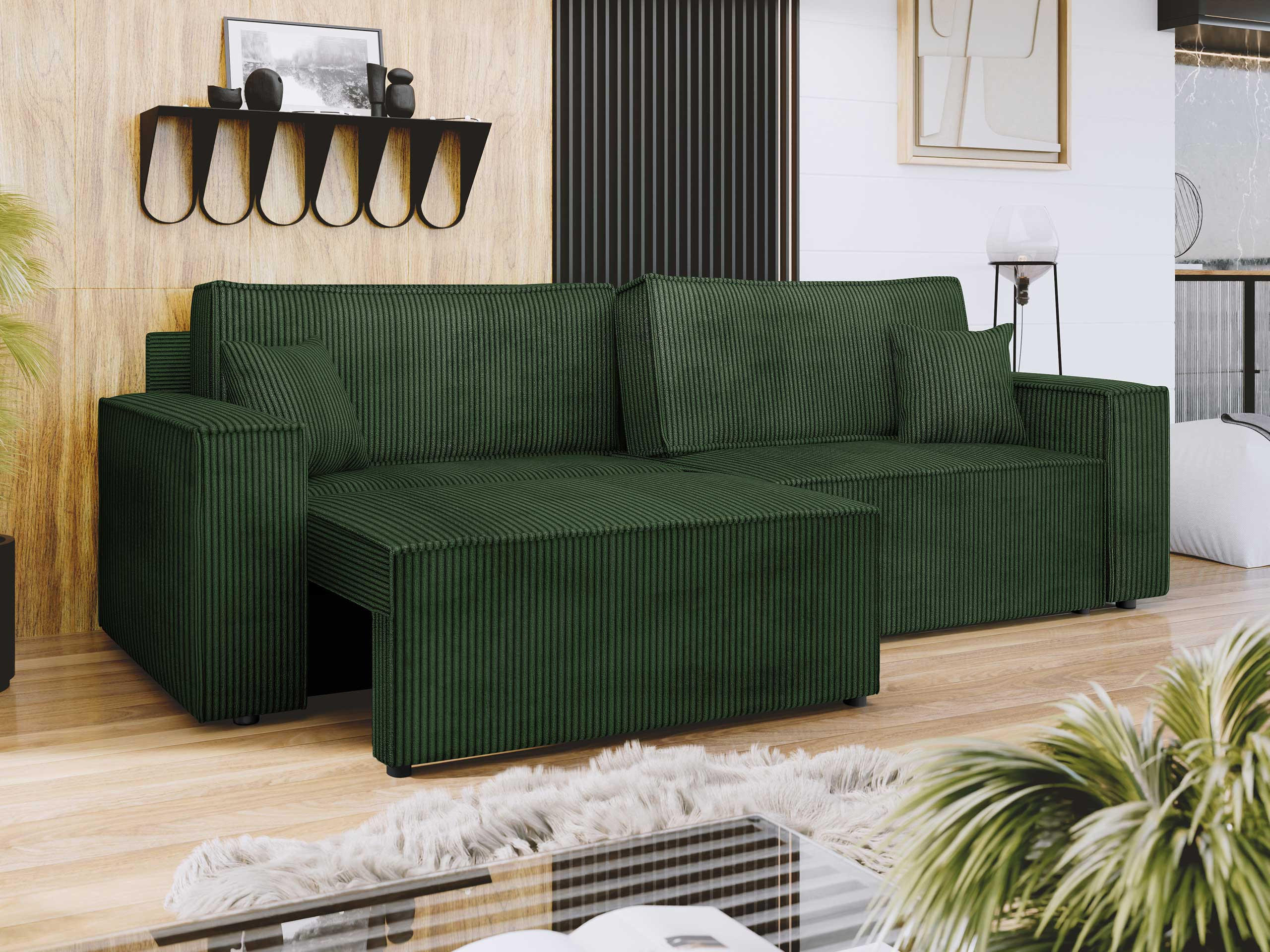 SCHLAFSOFA Karl Cord mit L-Funktion - Schwarz/Grün, Holz/Kunststoff (245/82/139cm) - MIRJAN24