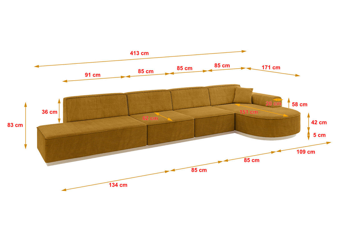 ECKSOFA Ottomane Rechts ARRIO-L3 - 413x171x83 cm Senfgelb - Currygelb/Gelb, Holzwerkstoff/Textil (413/171cm) - ALTDECOR