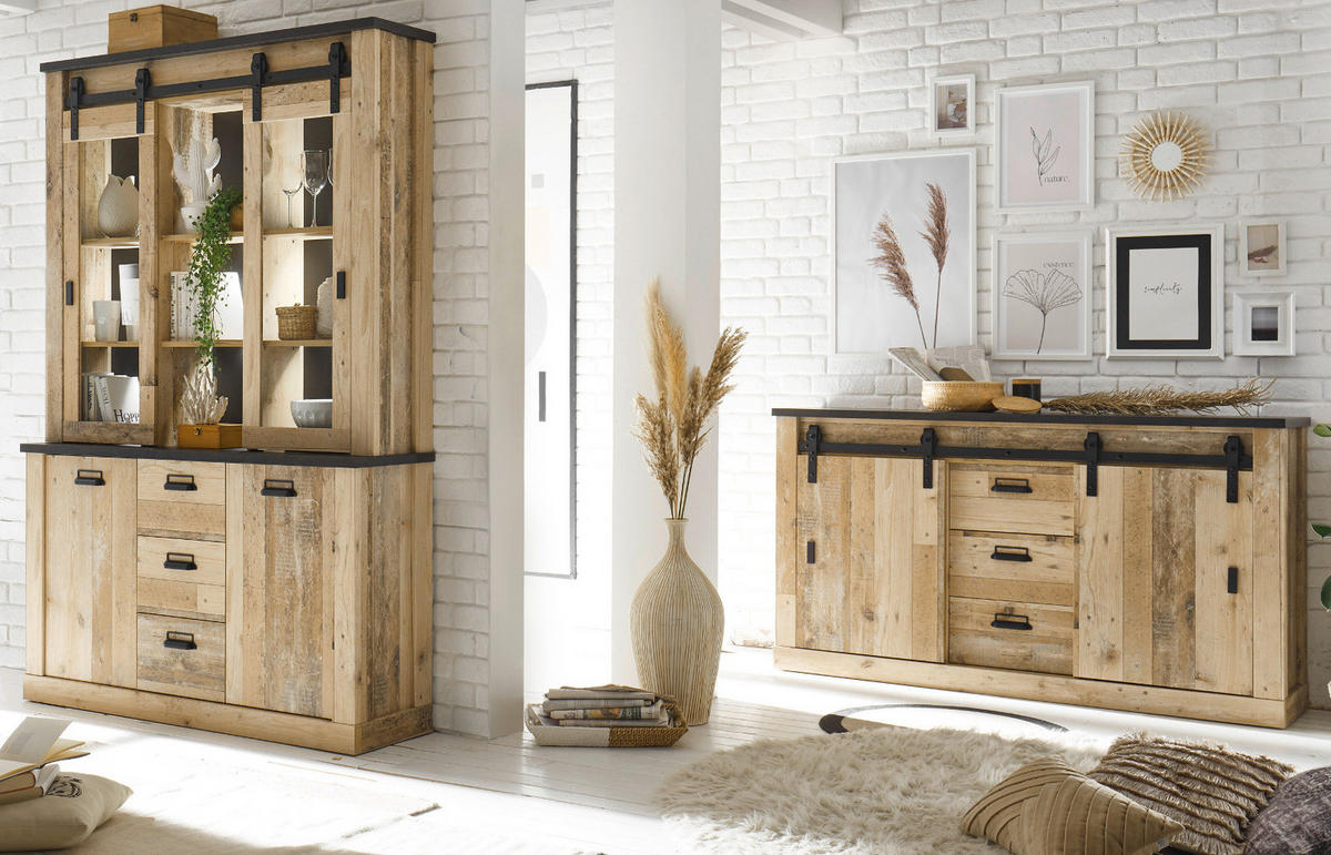 ESSZIMMER-SET Esszimmer Set, Used Wood hell, anthrazit, Wohnkombination 2-teilig mit Buffetschrank Sideboard - Eichefarben/Anthrazit, Holzwerkstoff/Metall (315/201/43cm) - Furn.Design