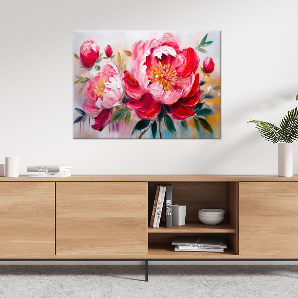 LEINWANDBILD Blumen Blühende Rosa Pfingstrosen 100x70cm - Pink, Textil (100/70cm) - Feeby
