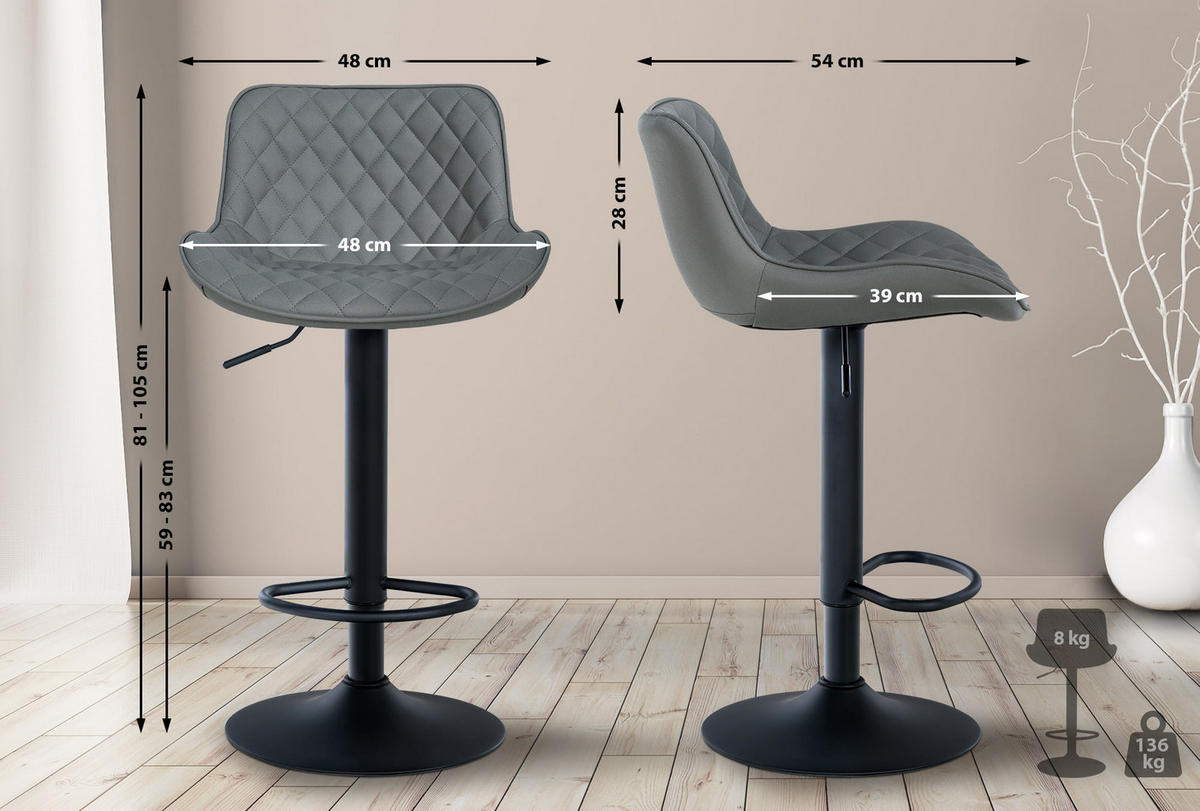 BARHOCKER 2er Set Lederlook grau - Grau, Textil/Metall (48/81/54cm) - CLP