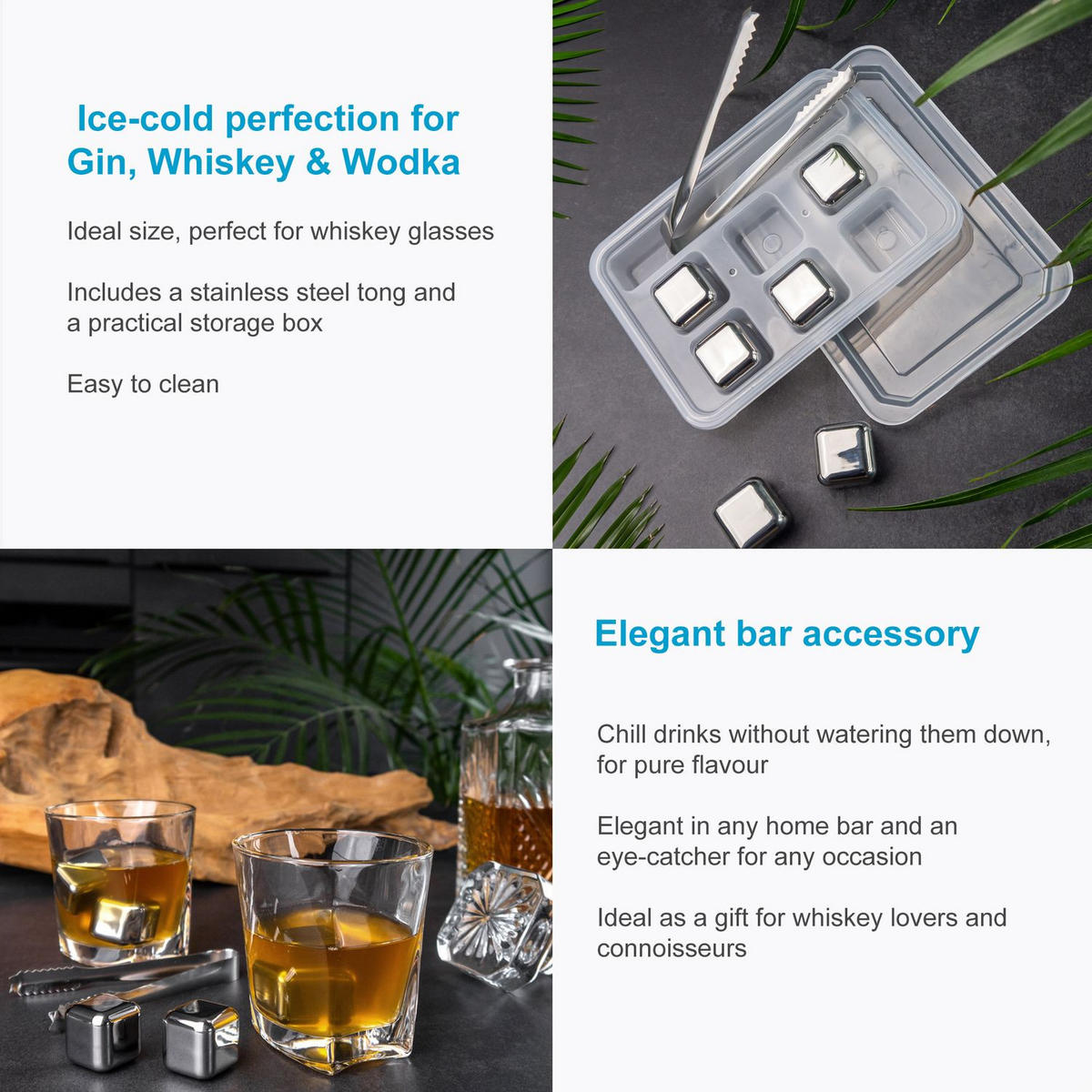 WHISKEY STEINE Eiswürfel (6 Stück) - Silberfarben, Metall (2.5/2.5/2.5cm) - Intirilife