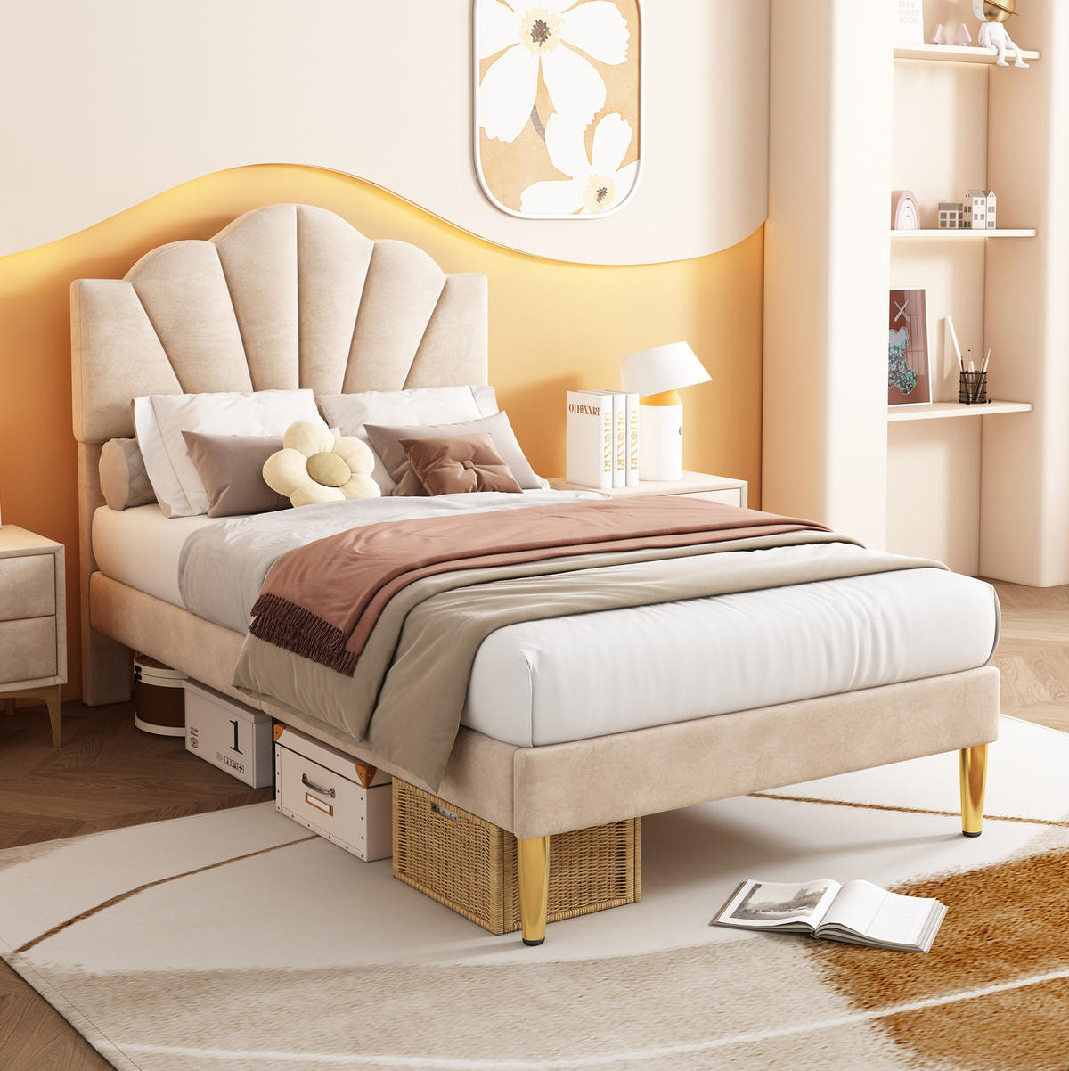 KINDERBETT 90/200 cm aus Samt in Beige mit verstellbarem Kopfteil - Beige, Textil (90/200cm) - Flora Grace