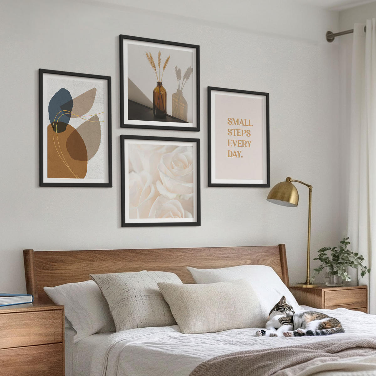 BILDER SET 4er Set - 50x50 cm & 40x60 cm Schwarzer Rahmen - Abstrakte Formen Akzente - Schwarz, Kunststoff (50/50cm) - TULUP