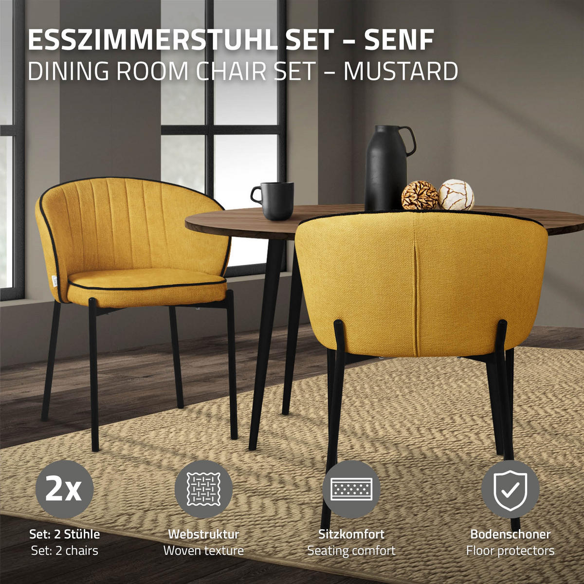 JÍDELNÍ ŽIDLE, sada 2 ks, hořčičná - černá/žlutá, kov/textil (60/75/59cm) - ML-DESIGN