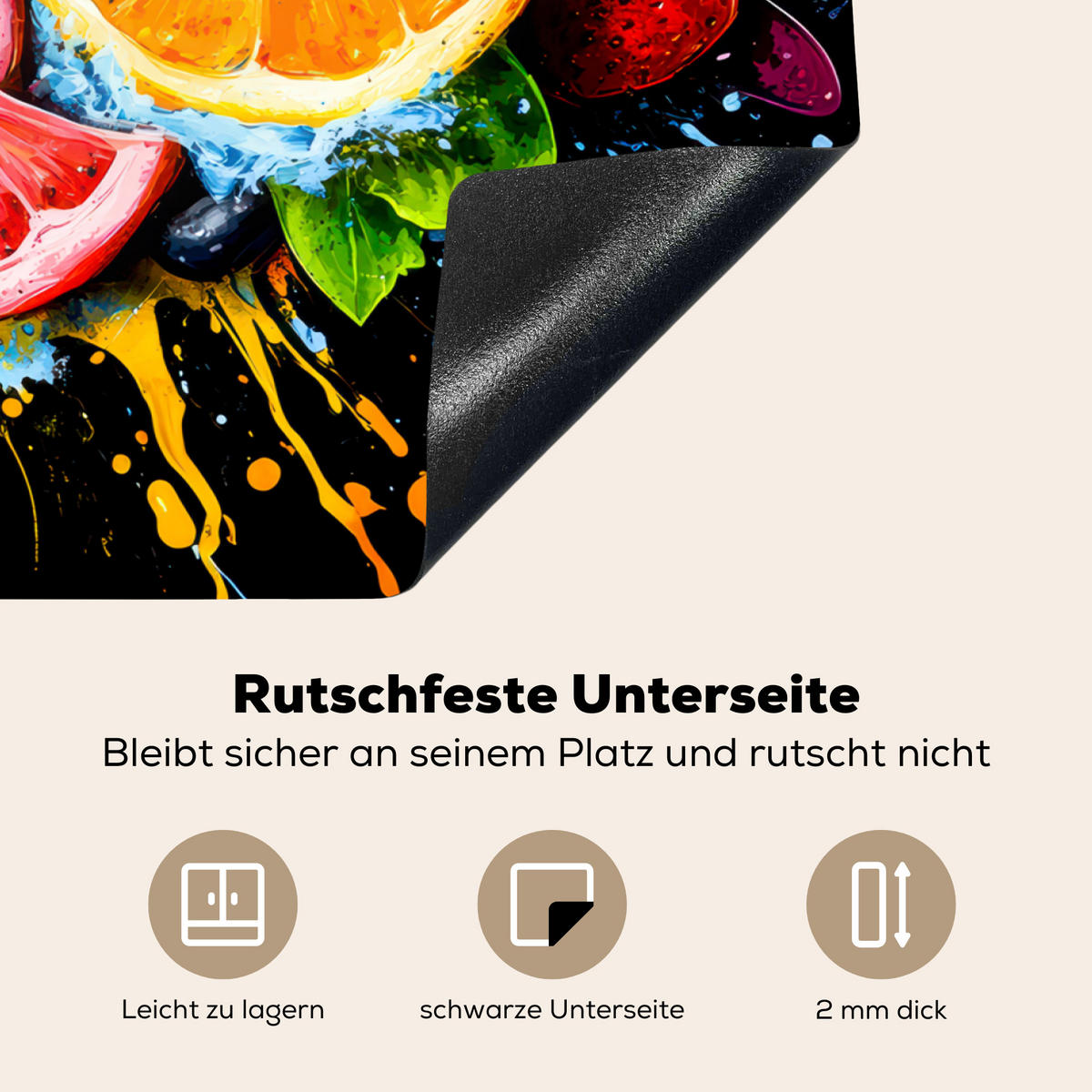 HERDABDECKPLATTE Obst - Graffiti - Bunt - Orange - Erdbeere - Abstrakt Herdabdeckung Induktionsfeld 70x52 cm - Orange, Kunststoff (70/52/0.2cm) - MuchoWow