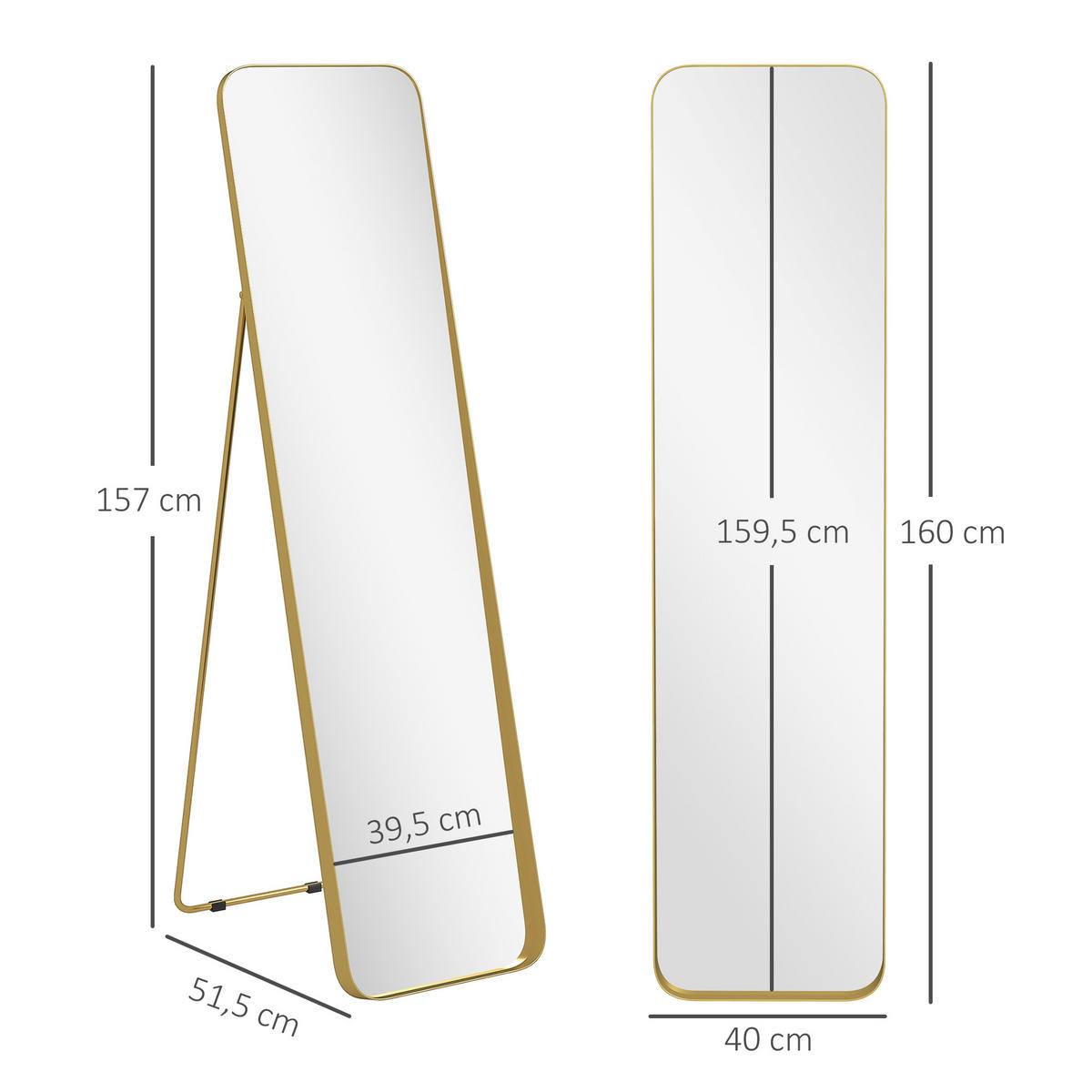 GANZKÖRPERSPIEGEL 160 x 40 cm Gewölbter Standspiegel mit Bruchsichere Glas, Gold - Goldfarben, Metall (40/160/6cm) - HOMCOM