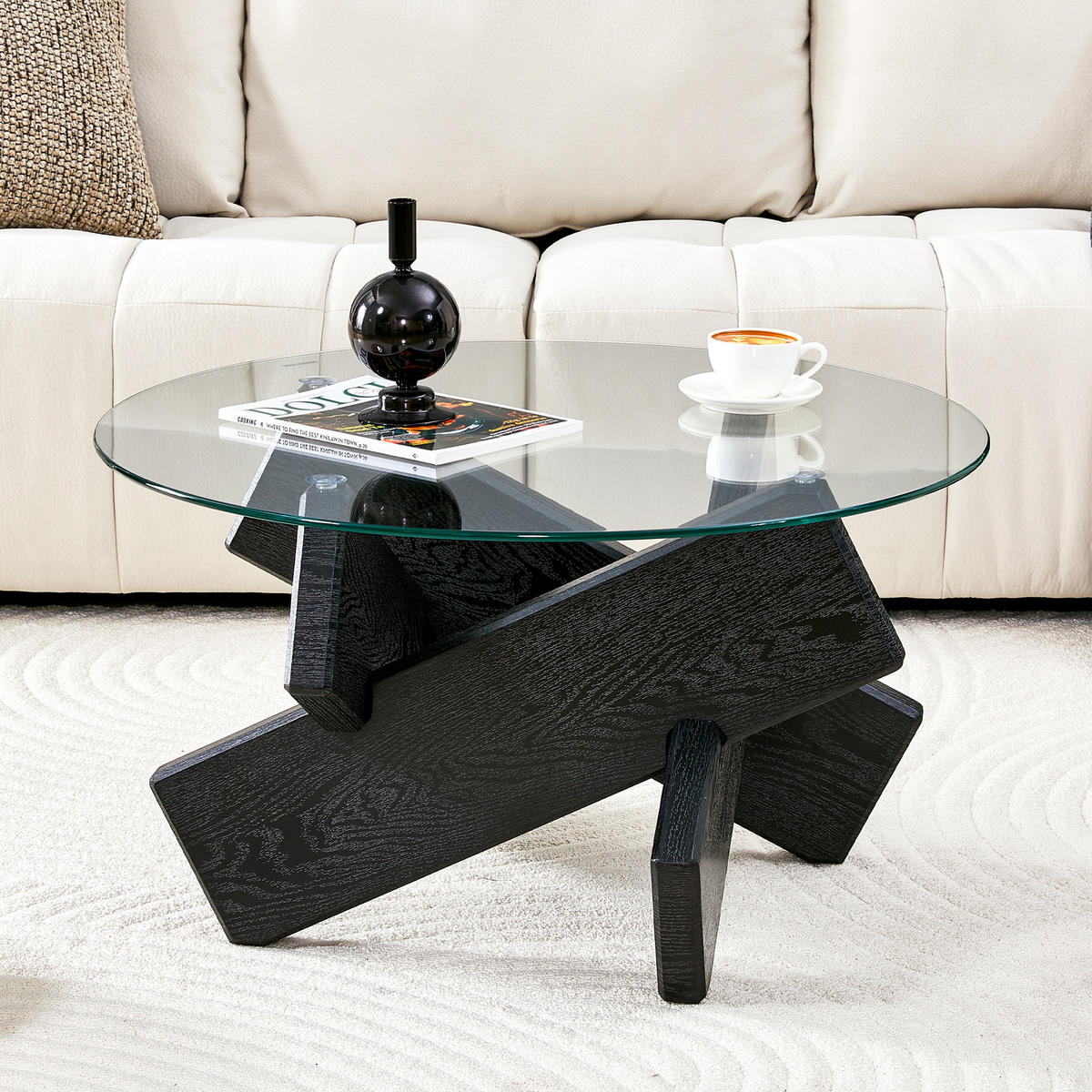 COUCHTISCH 79 cm rund Black und Transparent aus MDF und Glas mit Kreuz-Stütze - Schwarz, Holzwerkstoff (79/79/45cm) - OKWISH