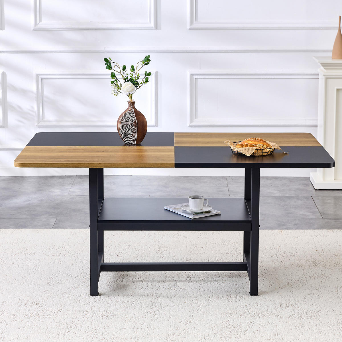 JEDÁLENSKÝ stôl 160/90/76 cm čierna/drevo, MDF/kov, s úložným regálom - čierna, kompozitné drevo (160/90/76cm) - BEAOK
