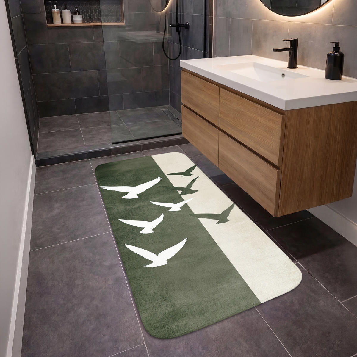 KOUPELNOVÁ PŘEDLOŽKA Japandi - Pták - Zelený 60x120 cm - olivově zelená, textil/plast (60/120cm)