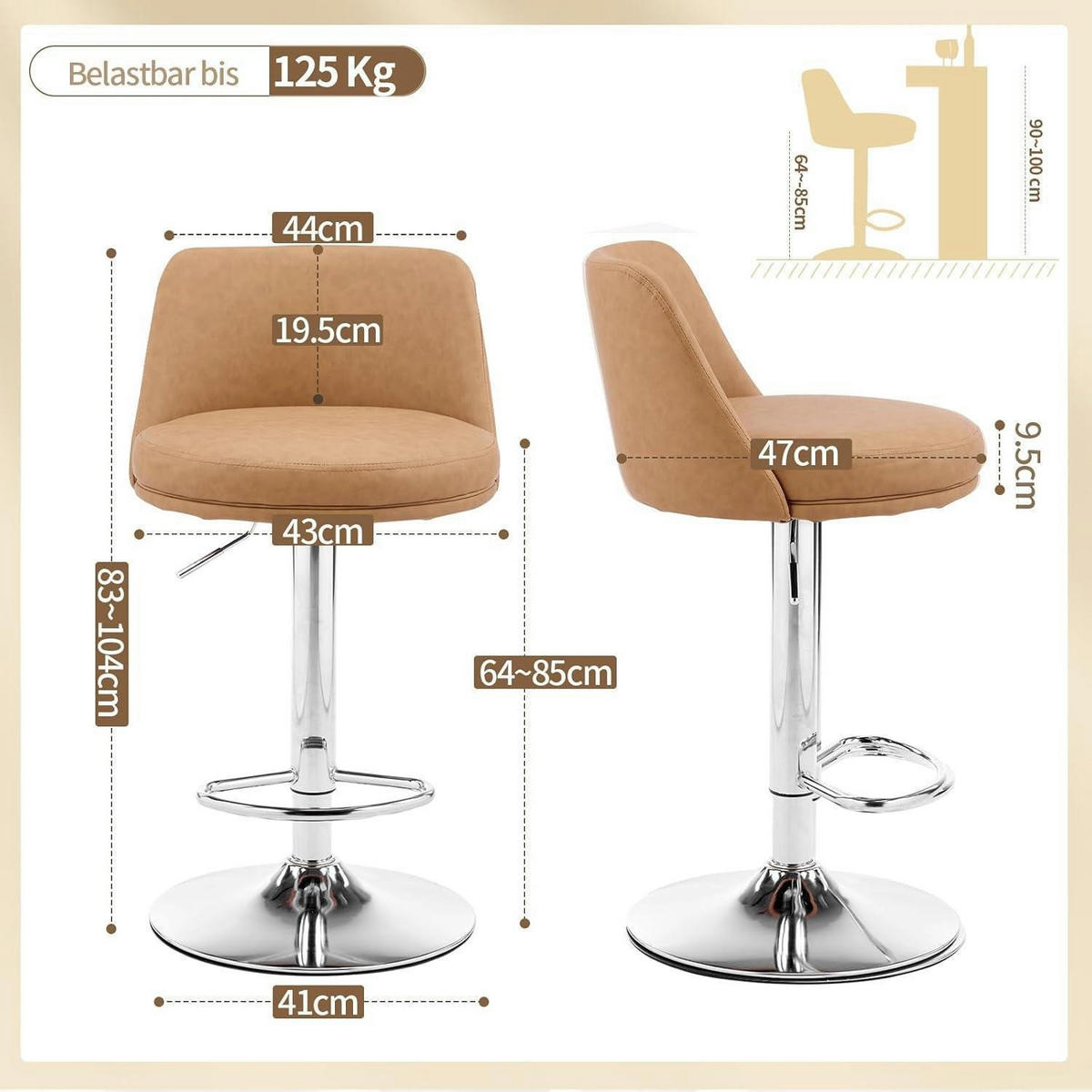 BARHOCKER 2er Set Höhenverstellbar PU-Leder Braun - Braun, Kunststoff (48/85/45cm)