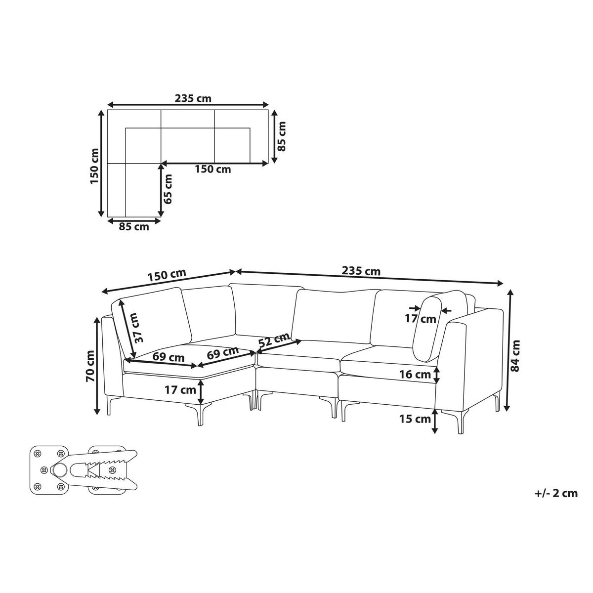ECKSOFA Modul 4-Sitzer rechtsseitig Grau Samtstoff Evja - Dunkelgrau, Textil (235/150cm) - Beliani