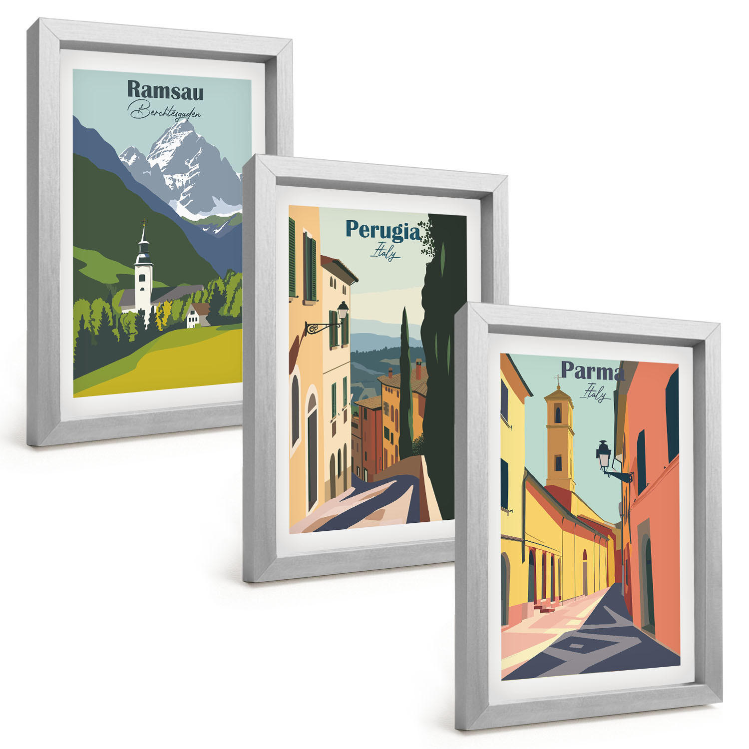 BILDER SET 3er Set - 20x30 cm Silberner Rahmen - Berglandschaften und Italien - Silberfarben, Kunststoff (20/30cm) - TULUP