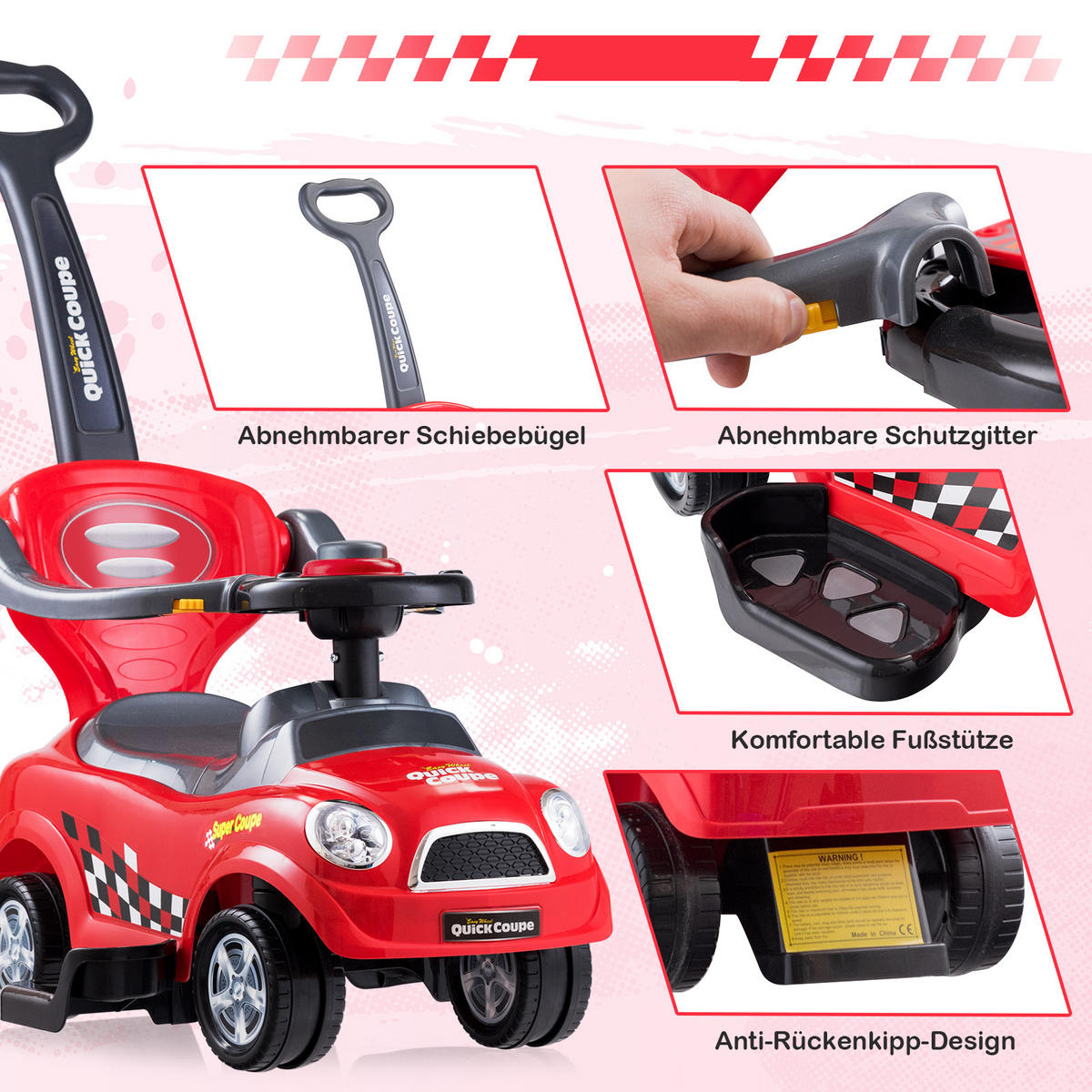 SCHIEBEWAGEN Rot - Rot, Kunststoff (43/84/89cm) - COSTWAY