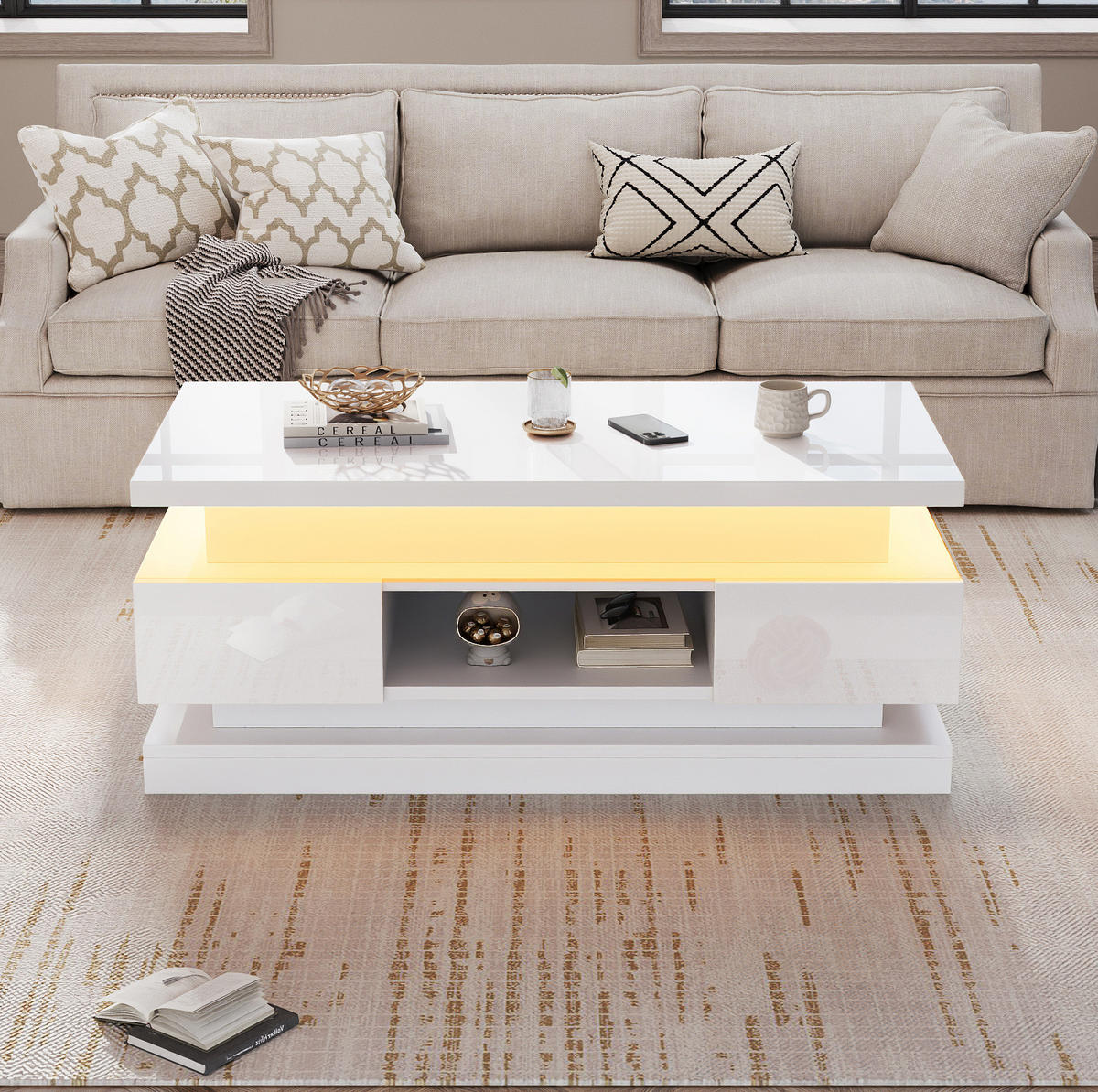 COUCHTISCH 100/50/40 cm in Weiß, höhenverstellbar mit LED-Beleuchtung - Weiß, Holzwerkstoff (100/50/40cm) - Flora Grace