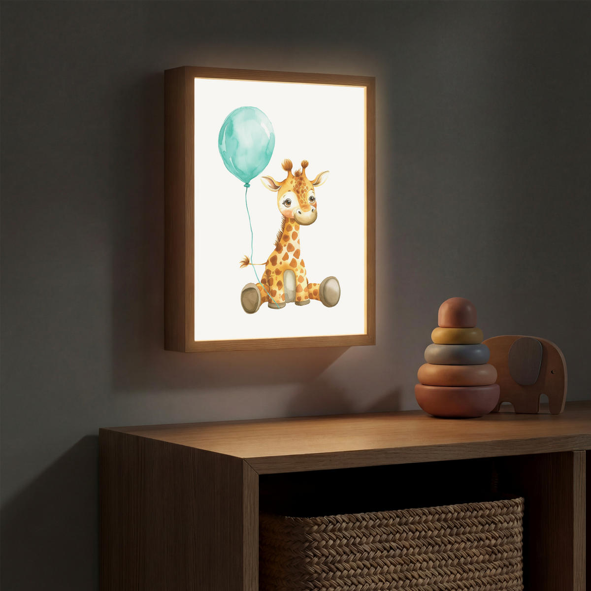NACHTTISCHLAMPE MIT AKKU Giraffe - Baby - Tiere - Blauer Ballon 30x40 cm - Weiß, Holzwerkstoff (8/30/40cm) - OnlyWow