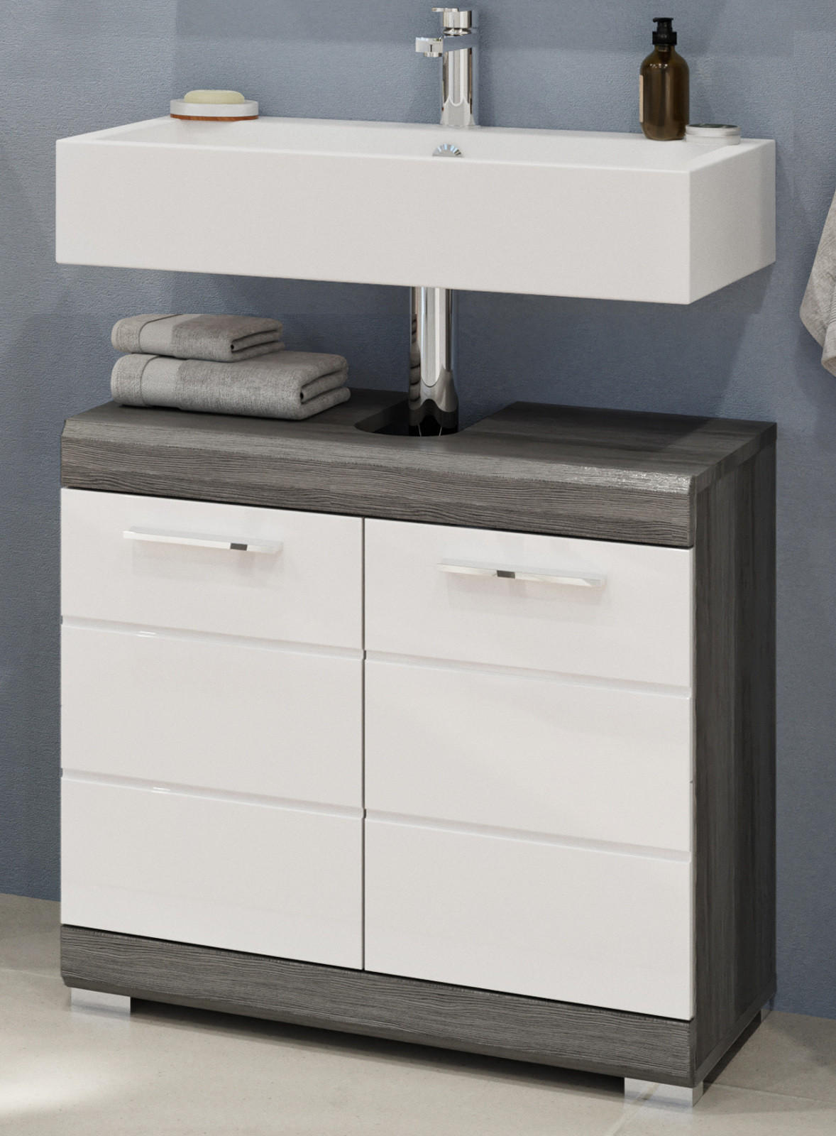 WASCHBECKENUNTERSCHRANK weiß Hochglanz, grau 60 cm - Weiß Hochglanz/Silberfarben, Holzwerkstoff/Kunststoff (60/56/34cm) - Inn.Furn