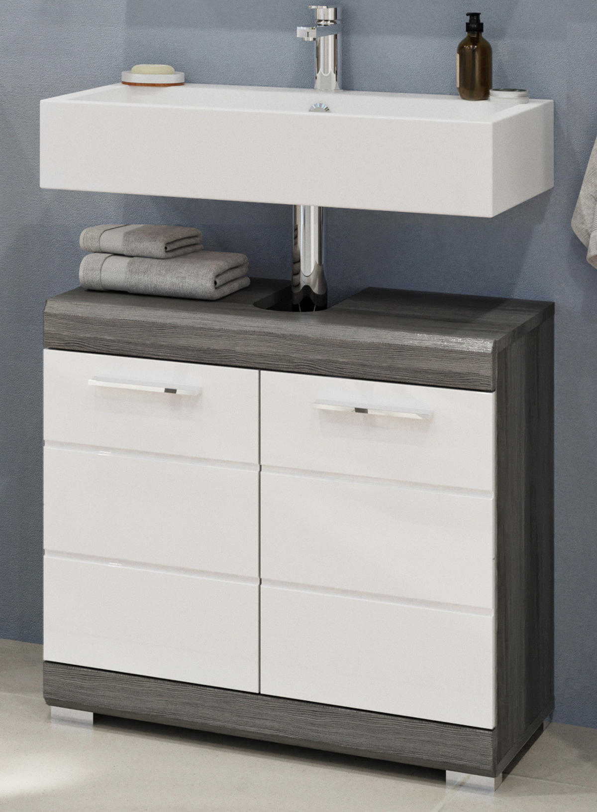 WASCHBECKENUNTERSCHRANK weiß Hochglanz, grau 60 cm - Weiß Hochglanz/Silberfarben, Holzwerkstoff/Kunststoff (60/56/34cm) - Inn.Furn
