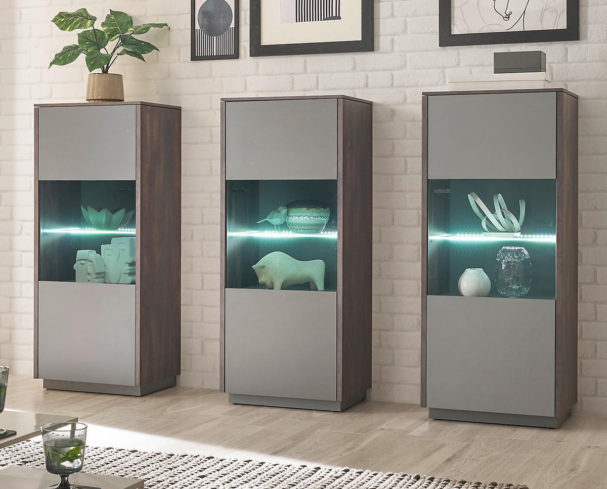 ESSZIMMER-SET Thermo Eiche, grau, Speisezimmer 4-teilig mit Soft-Close - Eichefarben/Grau, Glas/Holzwerkstoff (200/200/81cm) - Furn.Design