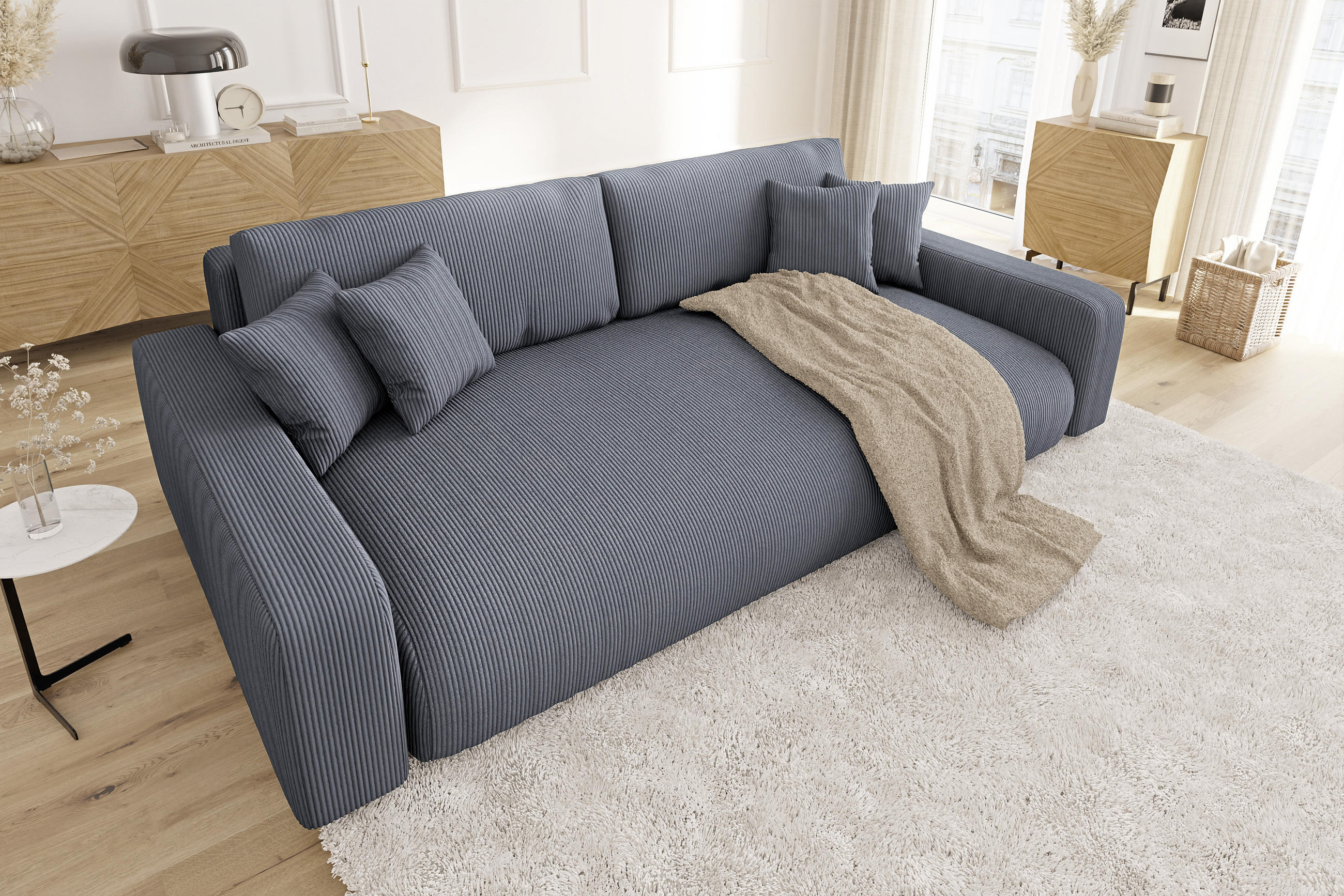 BIGSOFA Emma Grau Cord - Schwarz/Grau, Holz/Kunststoff (234/78/122cm) - S-Style Möbel