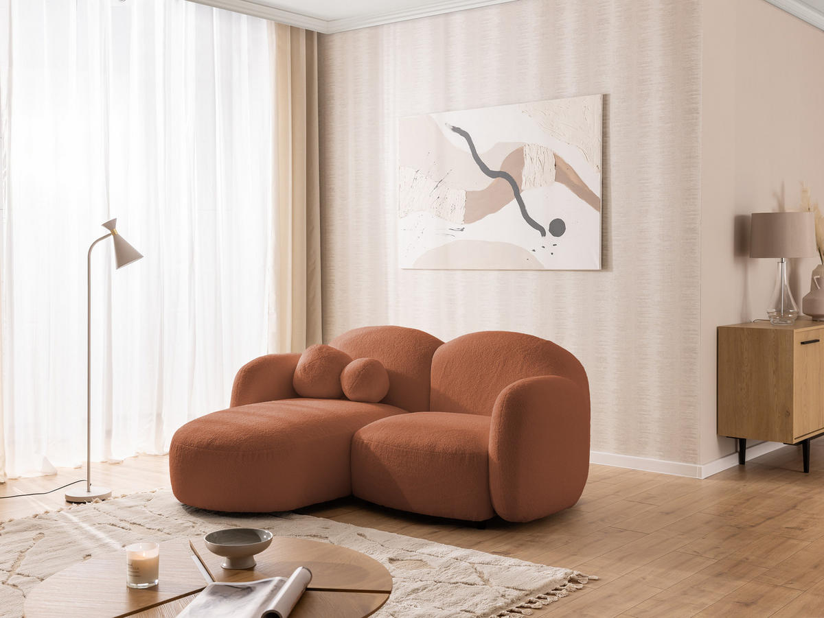 ECKSOFA Nuvola mit abgerundetem Design Terrakotta Bouclé-Stoff - Ottomane Links - Terra cotta/Schwarz, Holz/Kunststoff (190/146cm) - S-Style Möbel