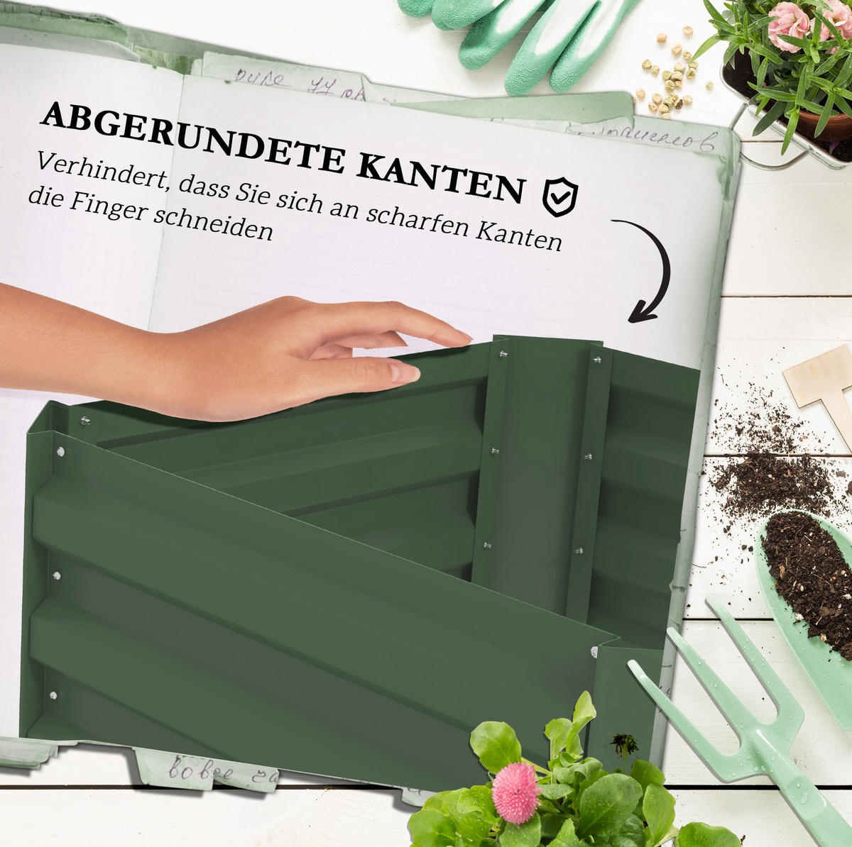 BLUMENKASTEN aus Stahl 61x61x140 cm in Grün mit Tomatenrankhilfe - Grün, Metall (61/140/61cm) - Modfu