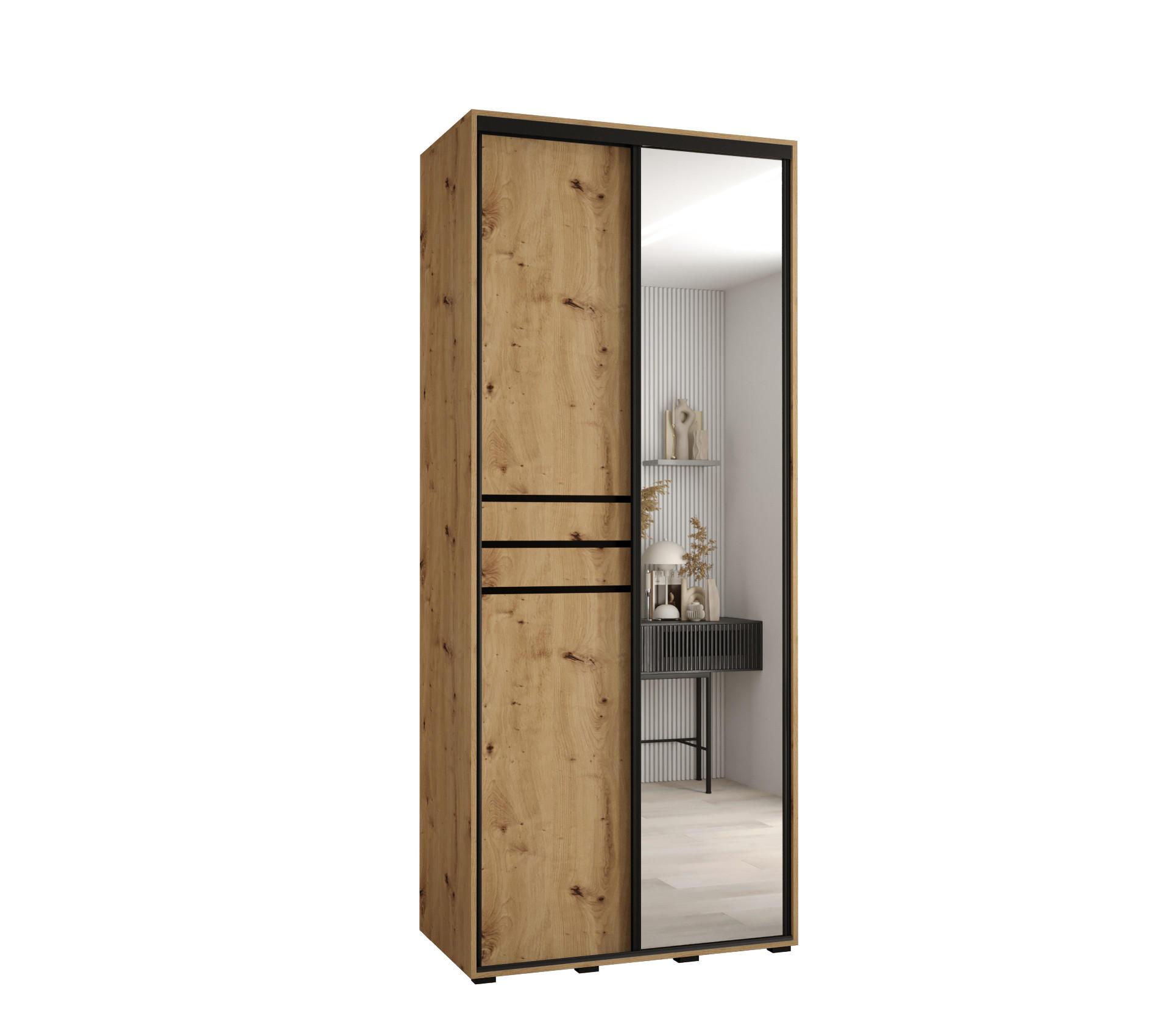 Abiks Möbel SCHWEBETÜRENSCHRANK Eiche Artisan, Eiche Artisan, Schwarz 110cm × 45cm × 235cm