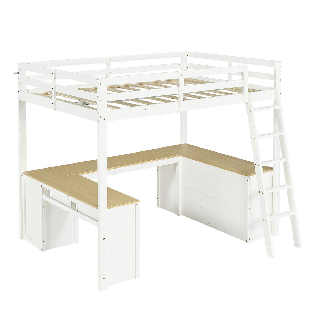 HOCHBETT 140/200 cm, Weiß/Natur mit U-förmigem Langtisch und 2 Schubladen - Weiß, Holz (140/200cm) - MIVRAY