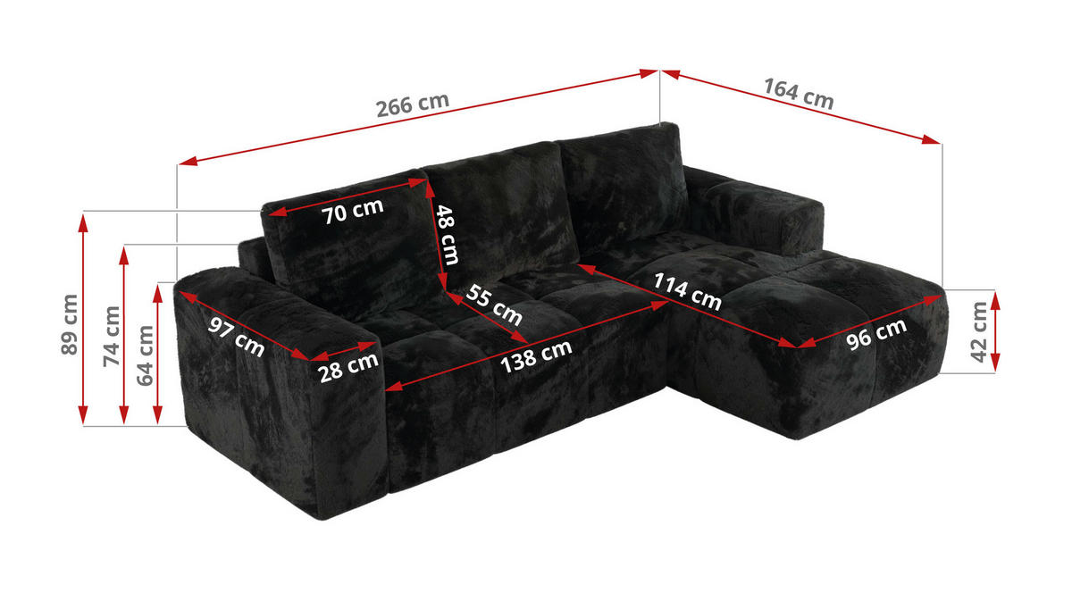 ECKSOFA MONIVA Schwarz Plüsch - Links - Schwarz, Textil (164/266cm) - MKS