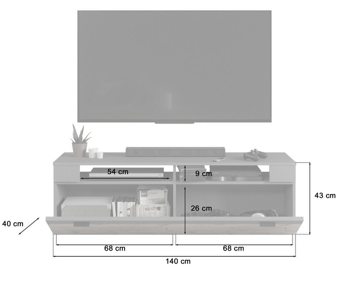 TV-LOWBOARD Eiche, grau matt 140 cm, TV Unterteil mit 4 Fächern - Eichefarben/Dunkelgrau, Holzwerkstoff/Kunststoff (140/43/40cm) - Inn.Furn