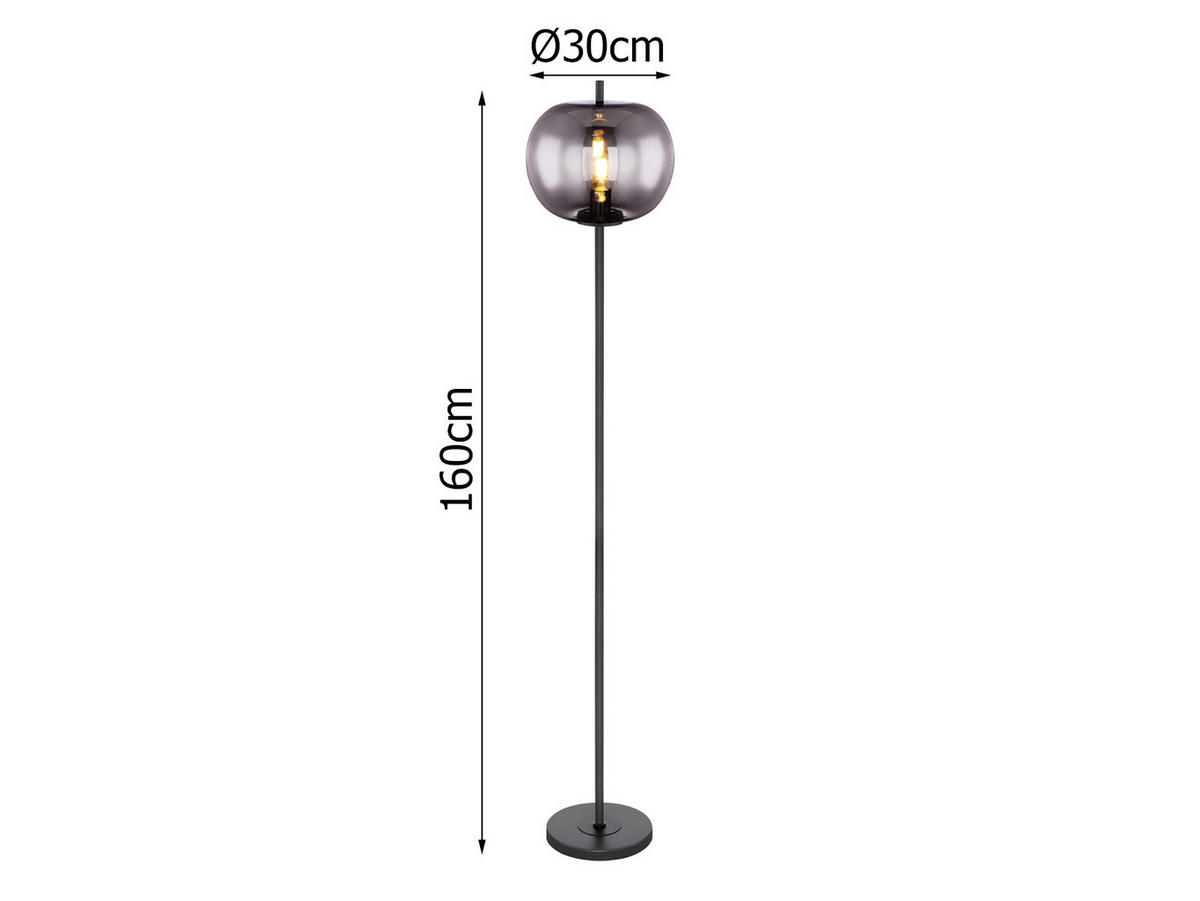 LED-STEHLAMPE Schwarz Höhe 160cm, Glaskugel Rauchglas - Schwarz, Glas/Metall (30/30/160cm) - meineWunschleuchte