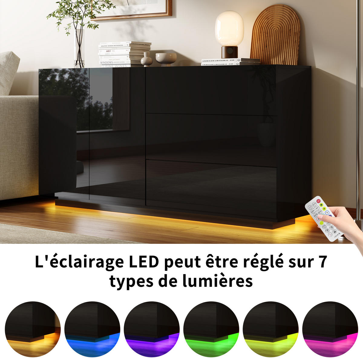 SIDEBOARD 160x35x76 cm, LED, 2 Türen, für Küche und Wohnraum, Schwarz - Schwarz, Holz (160/76/35cm)