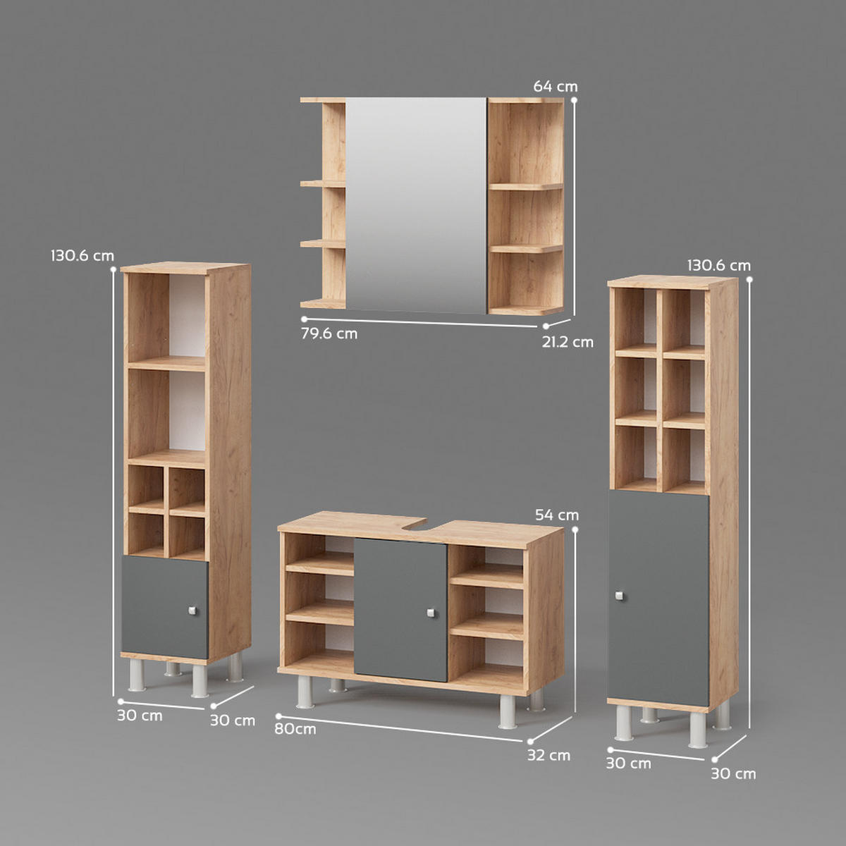 BADMÖBEL-SET Fucino Goldkraft Eiche 4 Teile, mit Midischränke - Honigeiche/Anthrazit, Holzwerkstoff (80/54/32cm) - Livinity®
