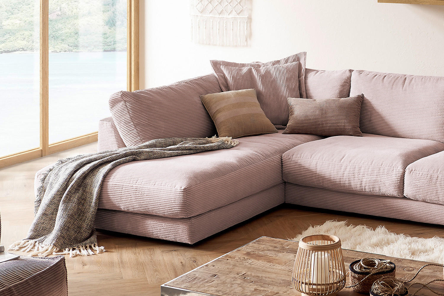 WOHNLANDSCHAFT MADELINE Pink Cord - Pink/Schwarz, Kunststoff/Textil (425/86/224cm) - KAWOLA