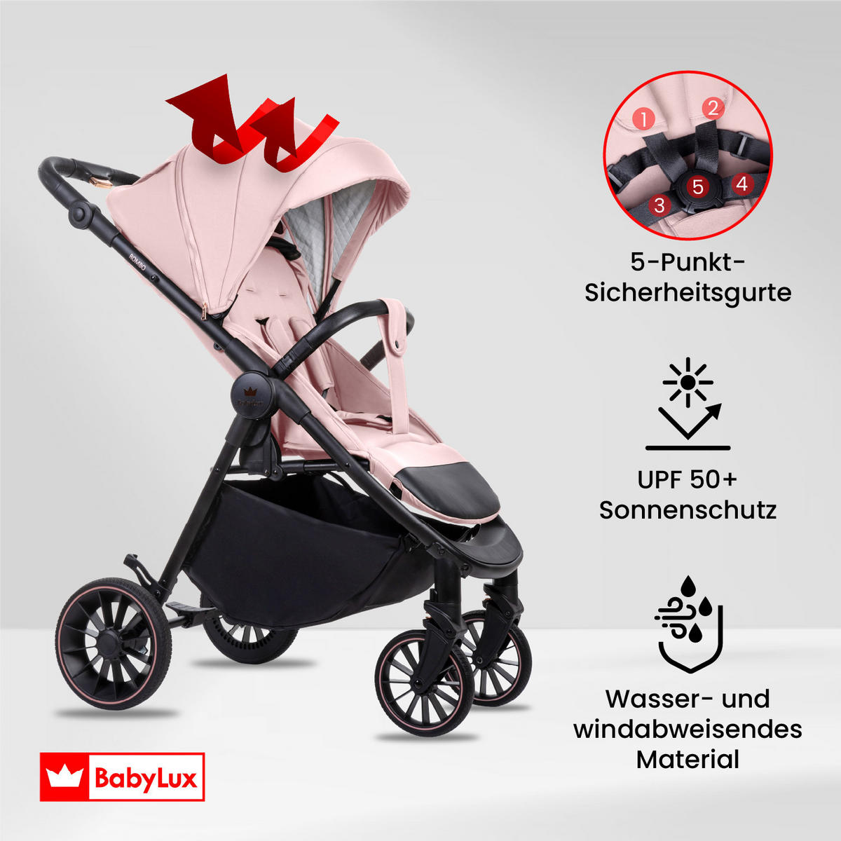 BUGGY Rombo, Klein und Leicht, Teleskopische Führung, Kompakt Faltbar, Wickeltasche, Reisetasche - Schwarz/Rosa, Textil/Metall (58/98cm) - BabyLux