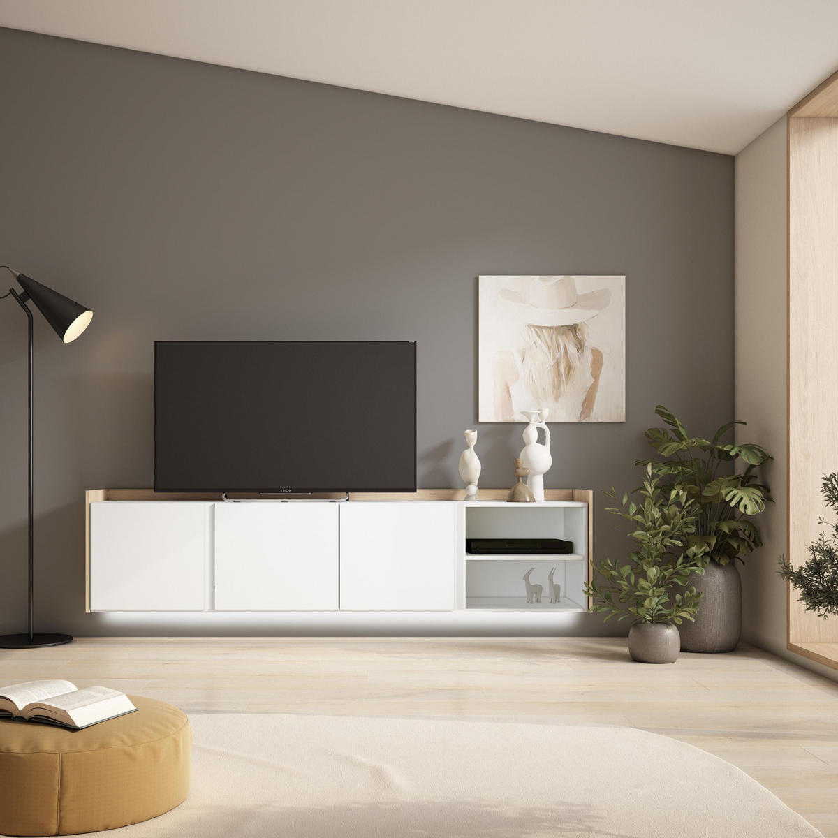 LOWBOARD, Weiß und Eiche, 207/35/50cm, Hängend - Weiß, Holzwerkstoff (207/50/35cm) - Skraut Home