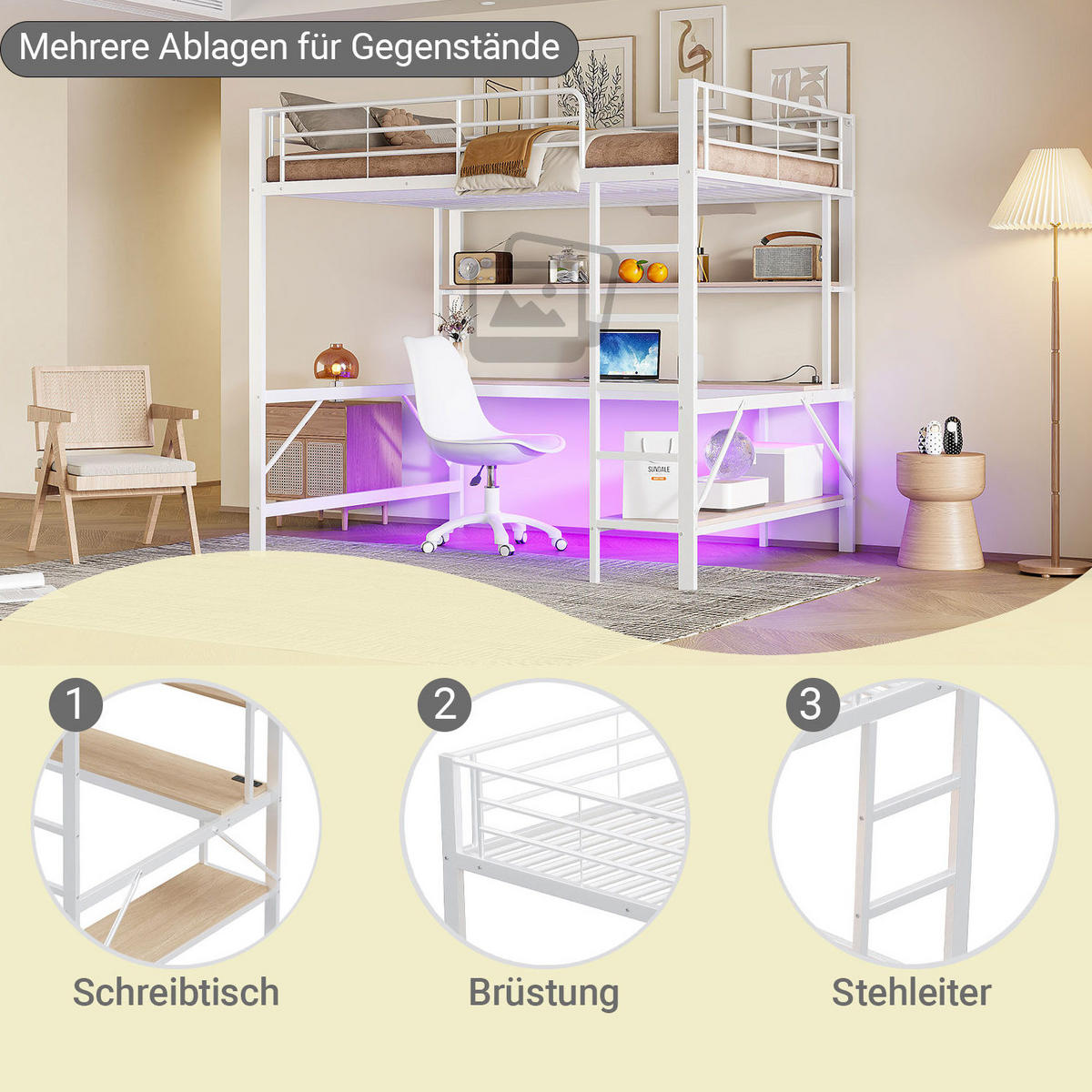 HOCHBETT 140/200 cm mit Schreibtisch, Regal, USB, Steckdose und LED-Beleuchtung aus Metall/MDF, Weiß - Weiß, Metall (140/200cm) - Redom