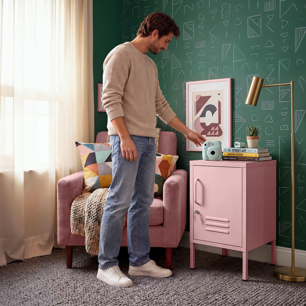 NACHTSCHRANK Baker, Kippschutz, höhenverstellbare Füße, rosa - Rosa, Metall (35/60.5/42.5cm) - tectake