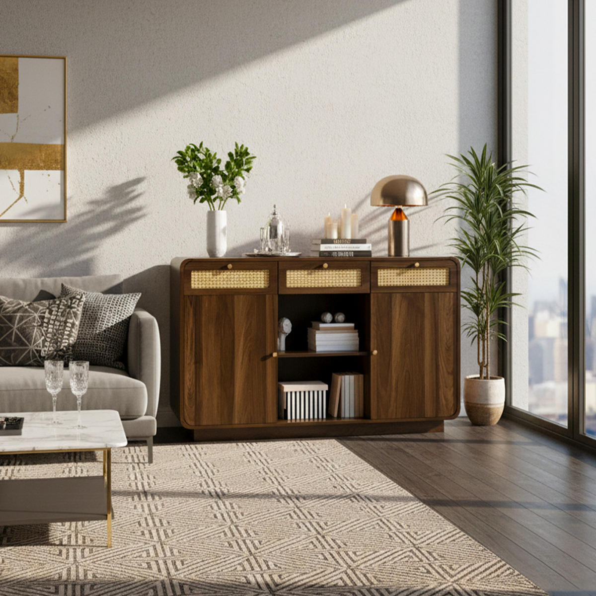 SIDEBOARD Nussbaum, Rattanfronten, Goldgriffe 3 Schubladen, 2 Schränke, Höhenverstellbare Einlegeböden - Walnussfarben, Holzwerkstoff (120/85/40cm) - Urban Meuble