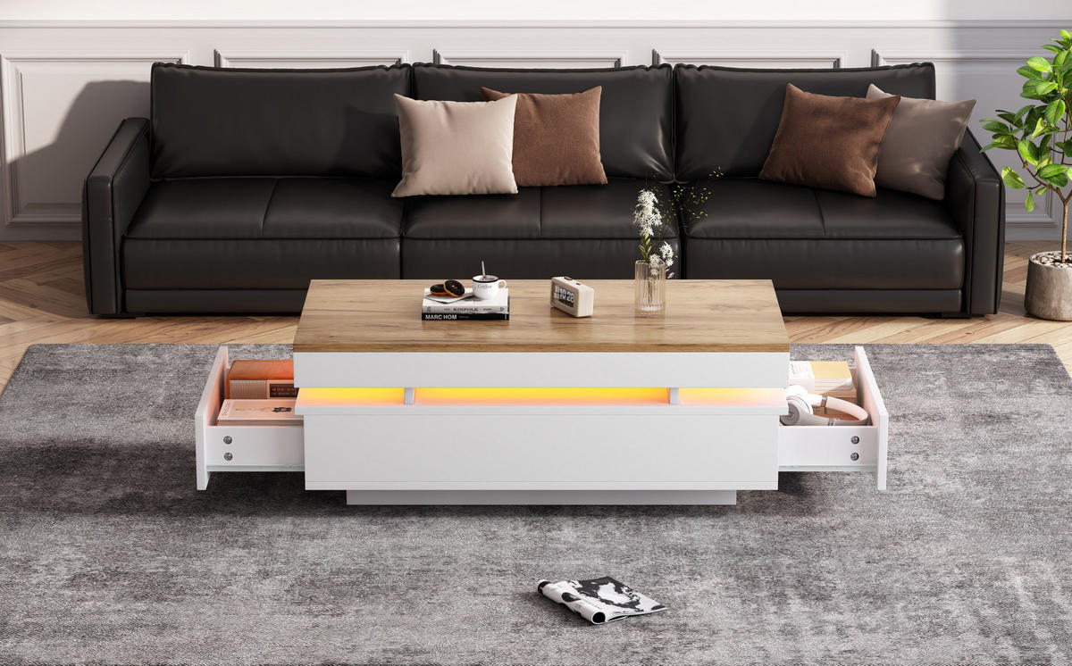 KONFERENČNÍ stolek z dřevotřísky 100x50x35 cm bílá a dekor dřeva s LED osvětlením, 2 zásuvkami a vysokým leskem - bílá, kompozitní dřevo (100/50/35cm) - Modfu