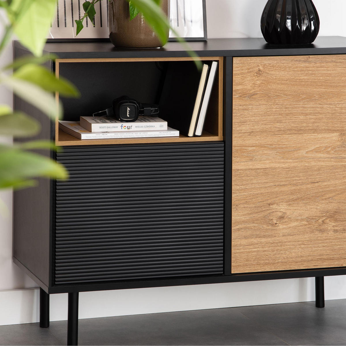 KOMMODE LOFTY Kreuzeinlage, schwarz / Eiche natur - Eichefarben/Multicolor, Holzwerkstoff (102/83/41cm) - KONSIMO®