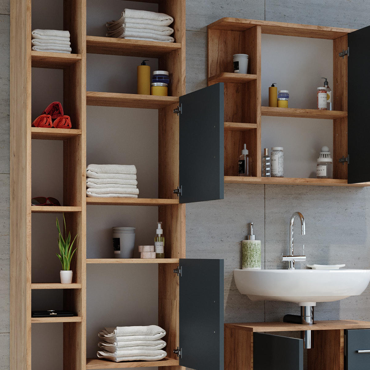 BADSCHRANK Ilias Goldkraft Eiche 60 x 190 cm - Honigeiche/Braun, Holzwerkstoff (60/190/30cm) - Vicco