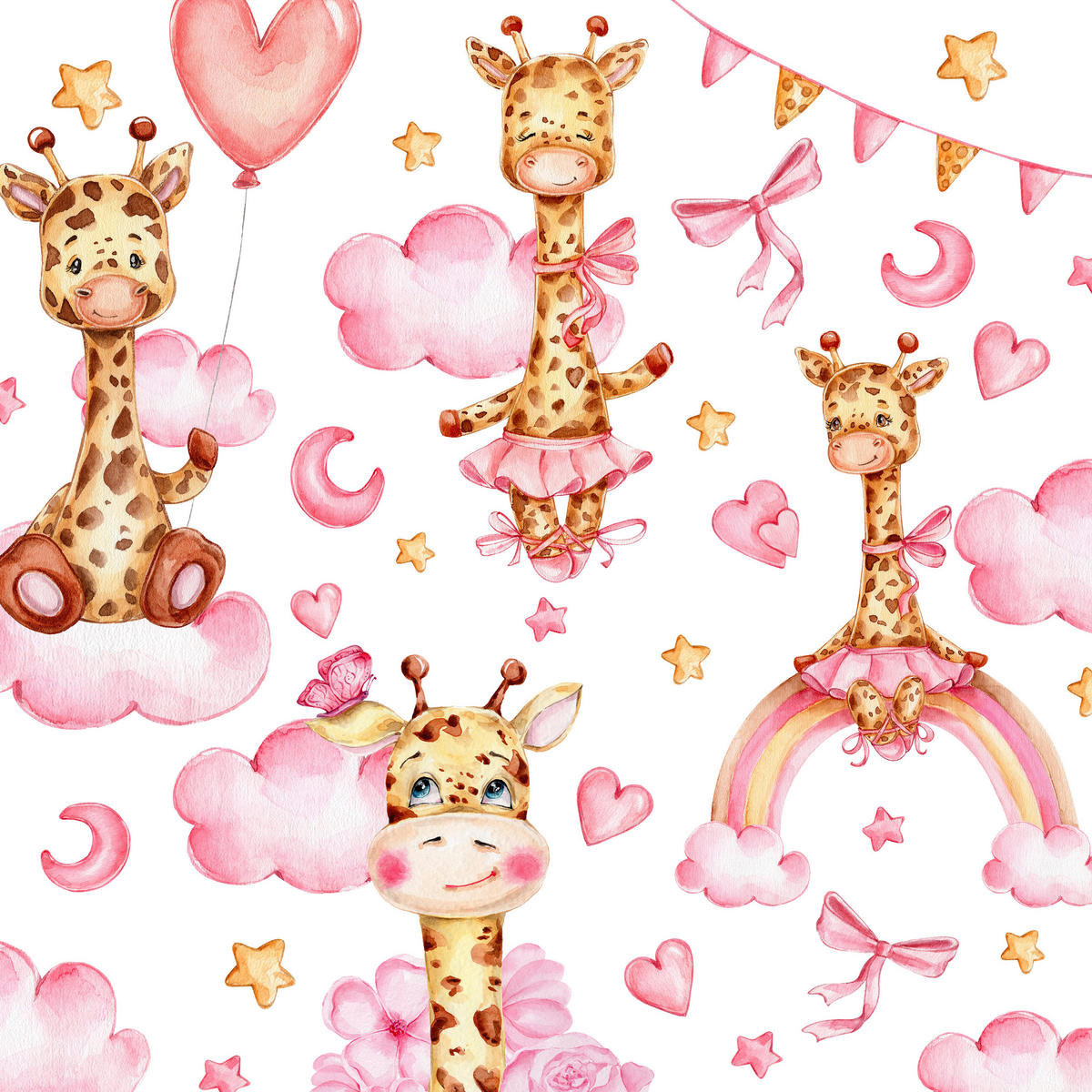 STICKER SET für Kinder Giraffen rosa Wolken Monde Sterne 60x30 - Gelb/Beige, Papier (60/30/1cm) - Muralo