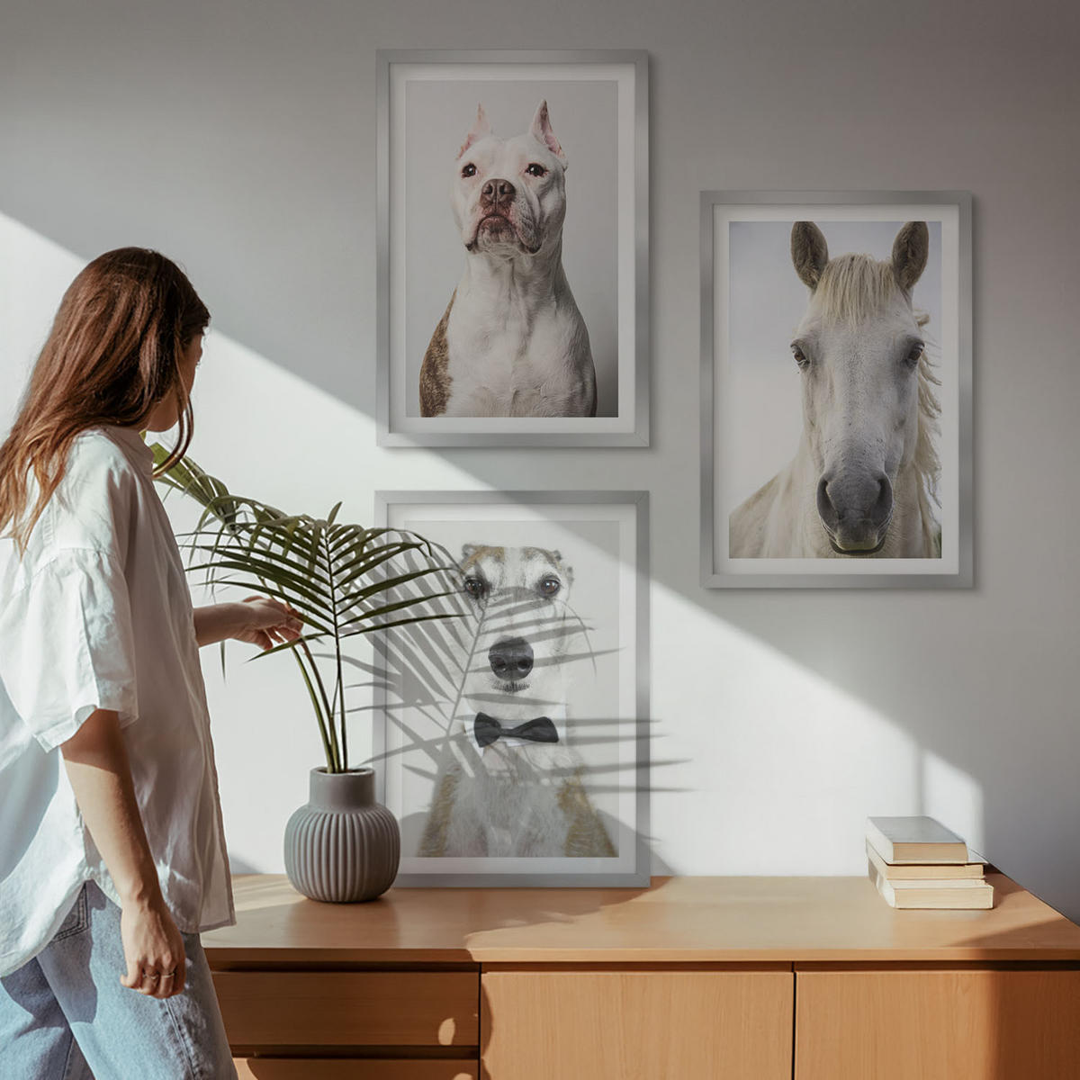 BILDER SET 3er Set - 40x60 cm Silberner Rahmen - Elegante Porträts von Hunden und Pferden - Silberfarben, Kunststoff (40/60cm) - TULUP
