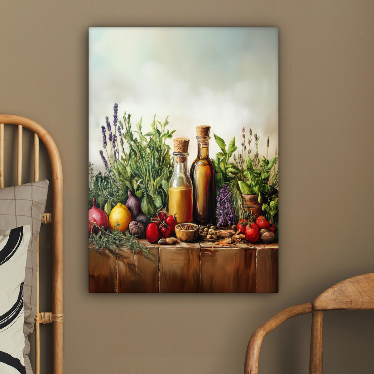 LEINWANDBILD Stilleben - Kräuter - Gewürze - Früchte - Farbenfroh 60x80 cm - Grün, Textil (60/80cm) - MuchoWow