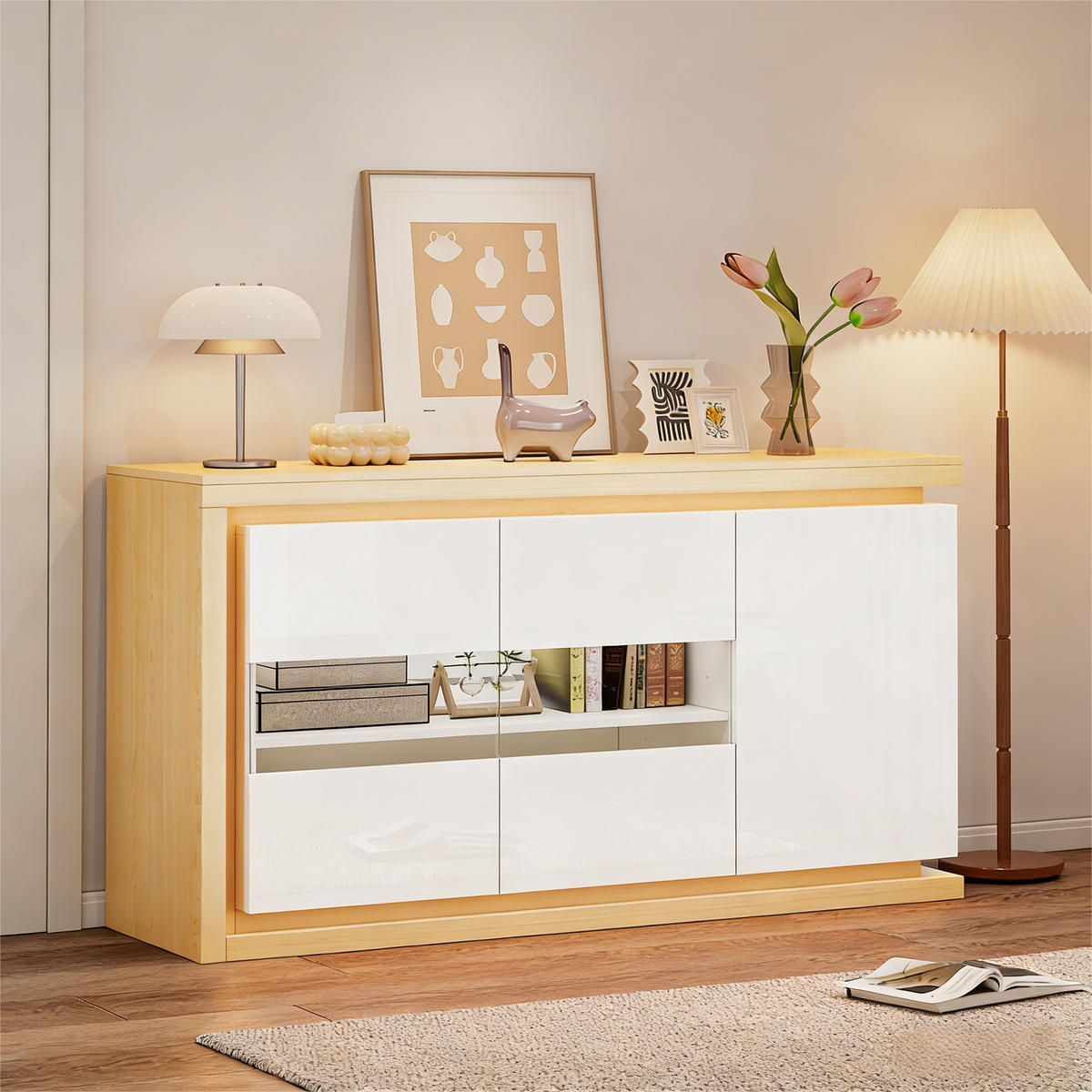 SIDEBOARD mit 3 Türen, LED-Beleuchtung & Glastüren, Mehrfachfächer, Hochglanz Weiß, Holzwerkstoff/Glas - Weiß/Naturfarben, Glas/Holzwerkstoff (140/84/40cm) - EVRYAE