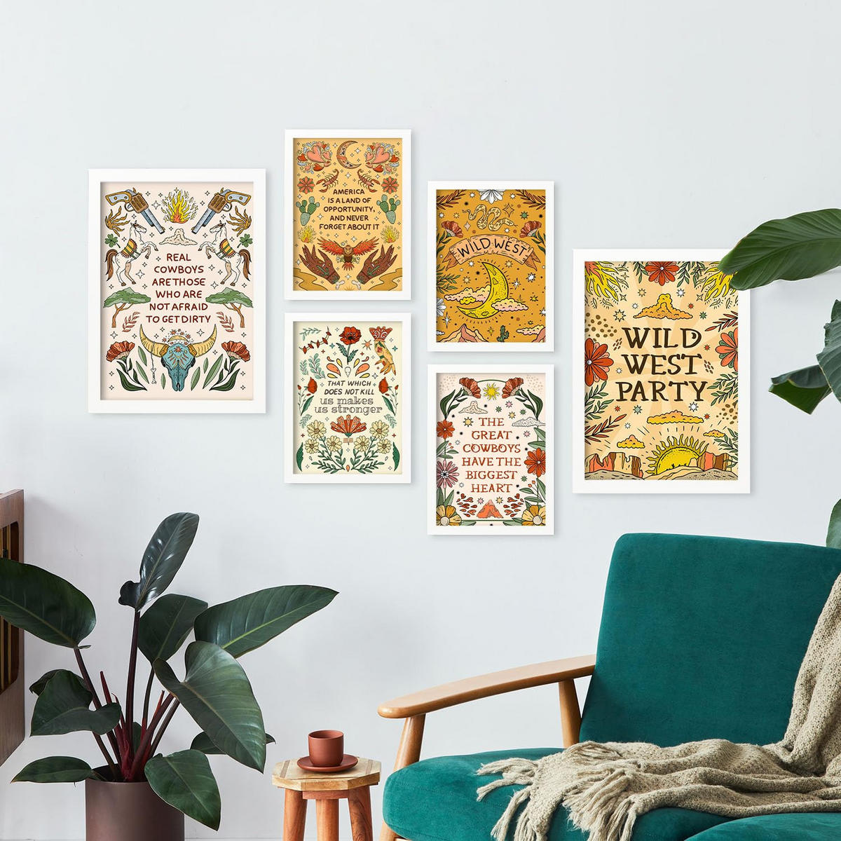 POSTER Set Mit 6 Wundervoller Wildwest-Ästhetische Dekorative Gemälde Für Ihr Wohnzimmer Oder Zuhause Wandkunstdruck A3 & A4 Weißer Rahmen - Weiß, Papier (29/3cm) - Nacnic
